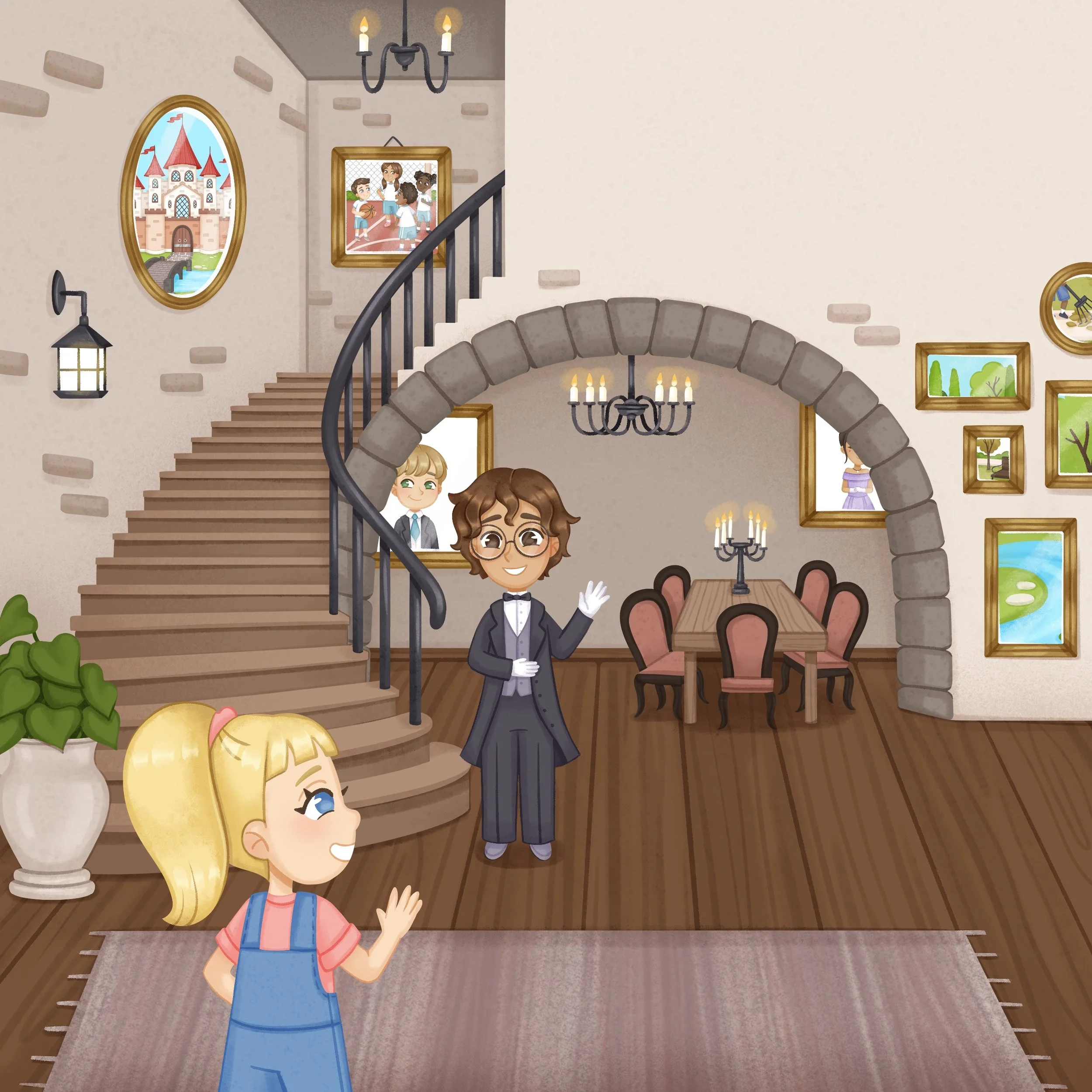 illustration of characters meeting inside the castle