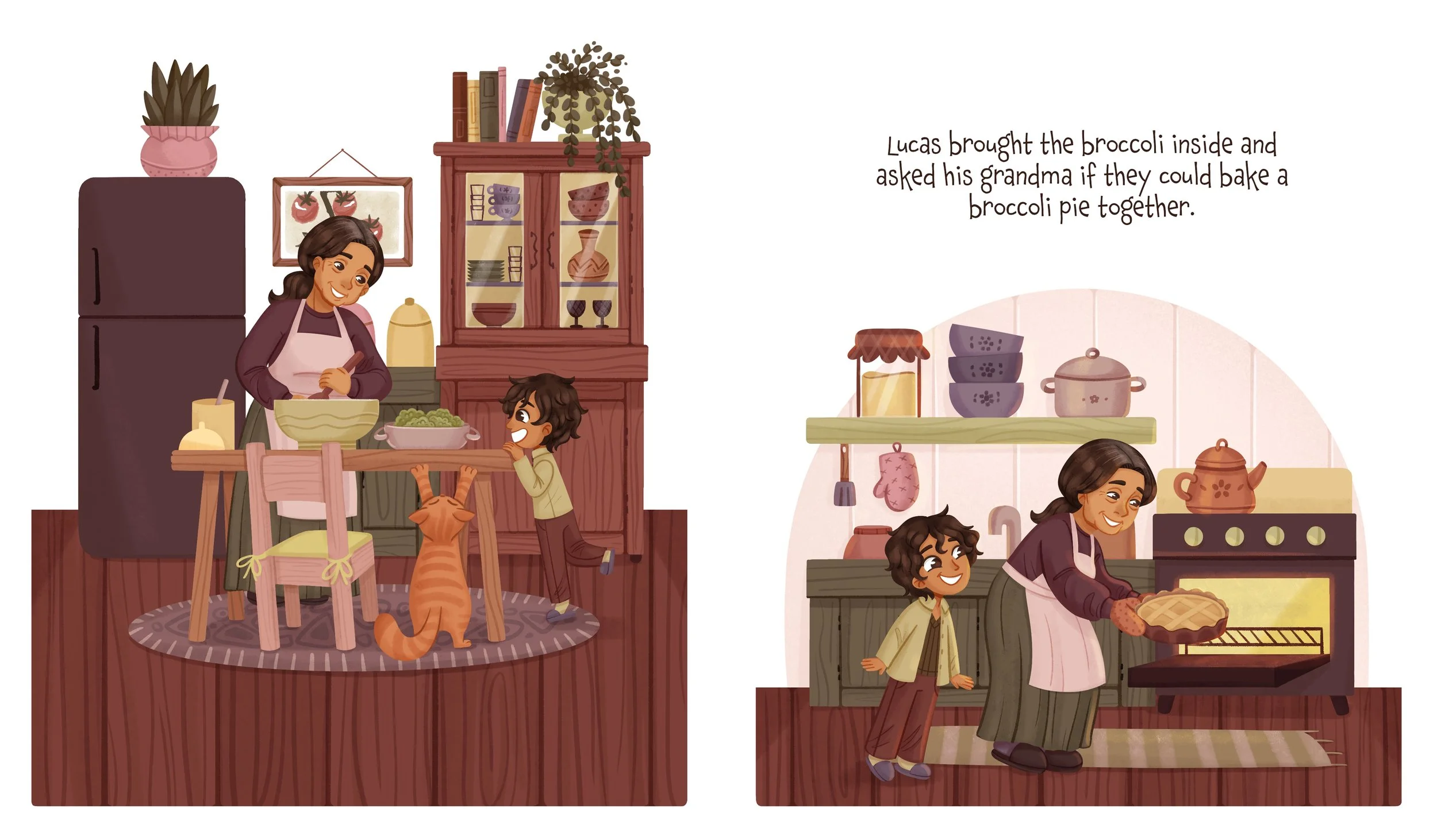 full-spread illustration of boy baking with grandma