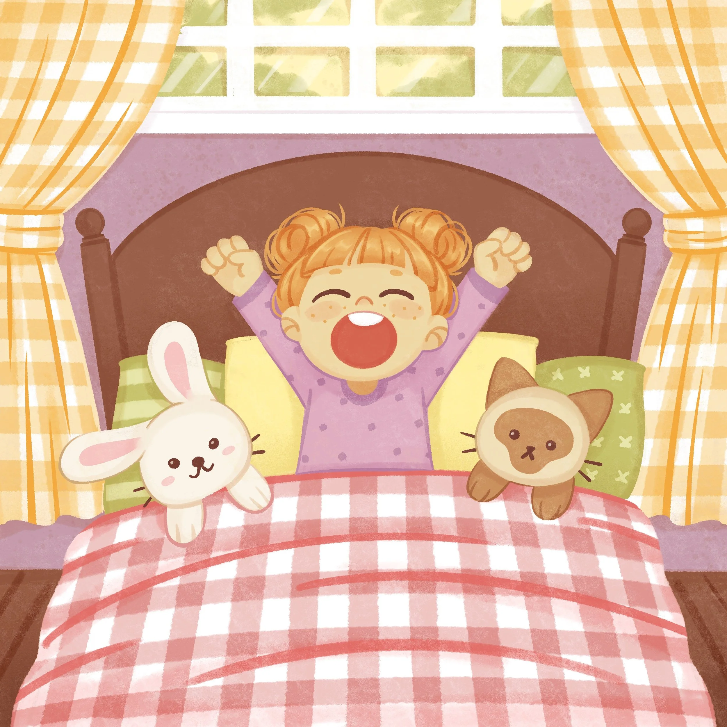cozy illustration of a child waking up in her bedroom with plushies and gingham blankets