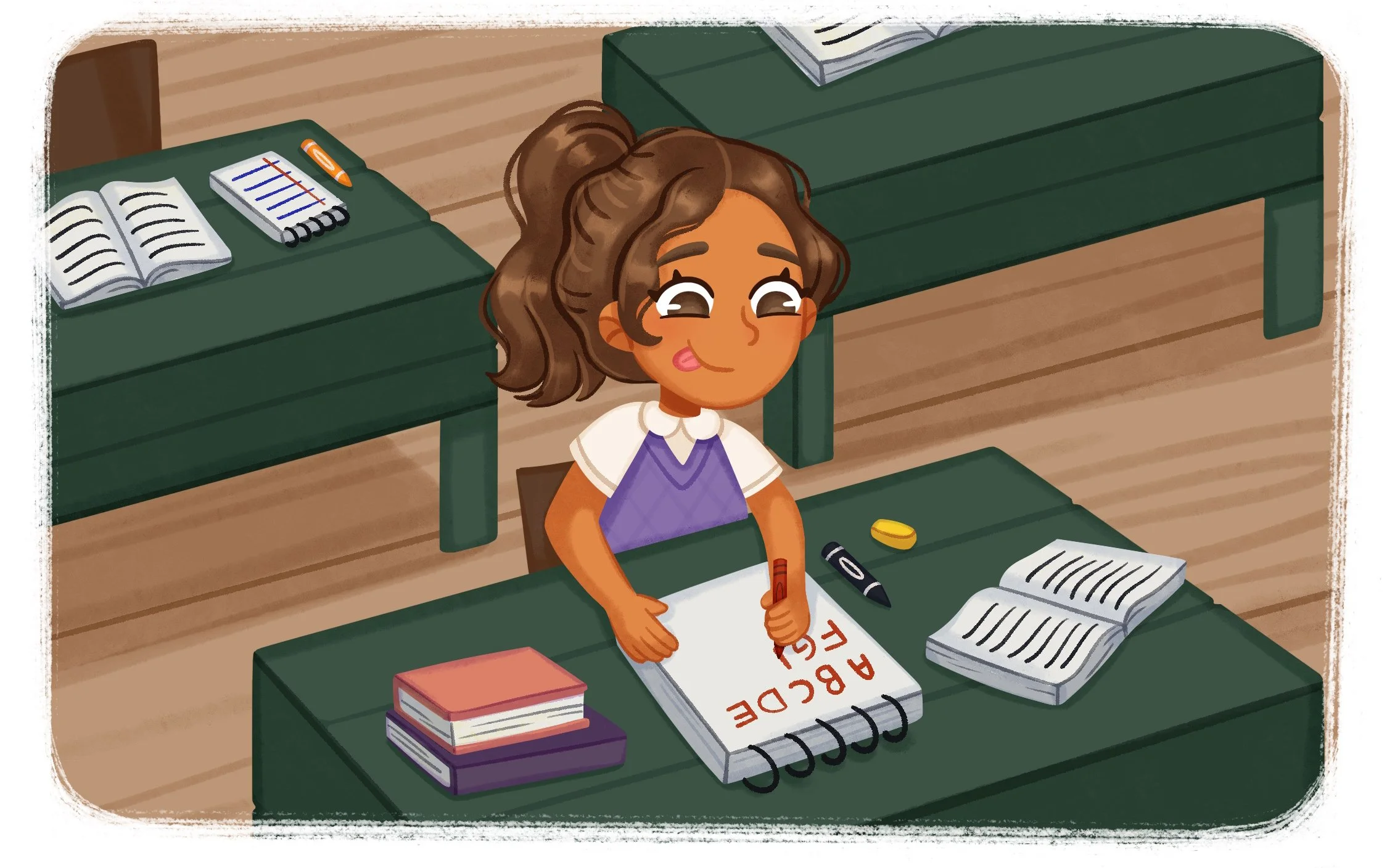 book illustration of a girl studying at school