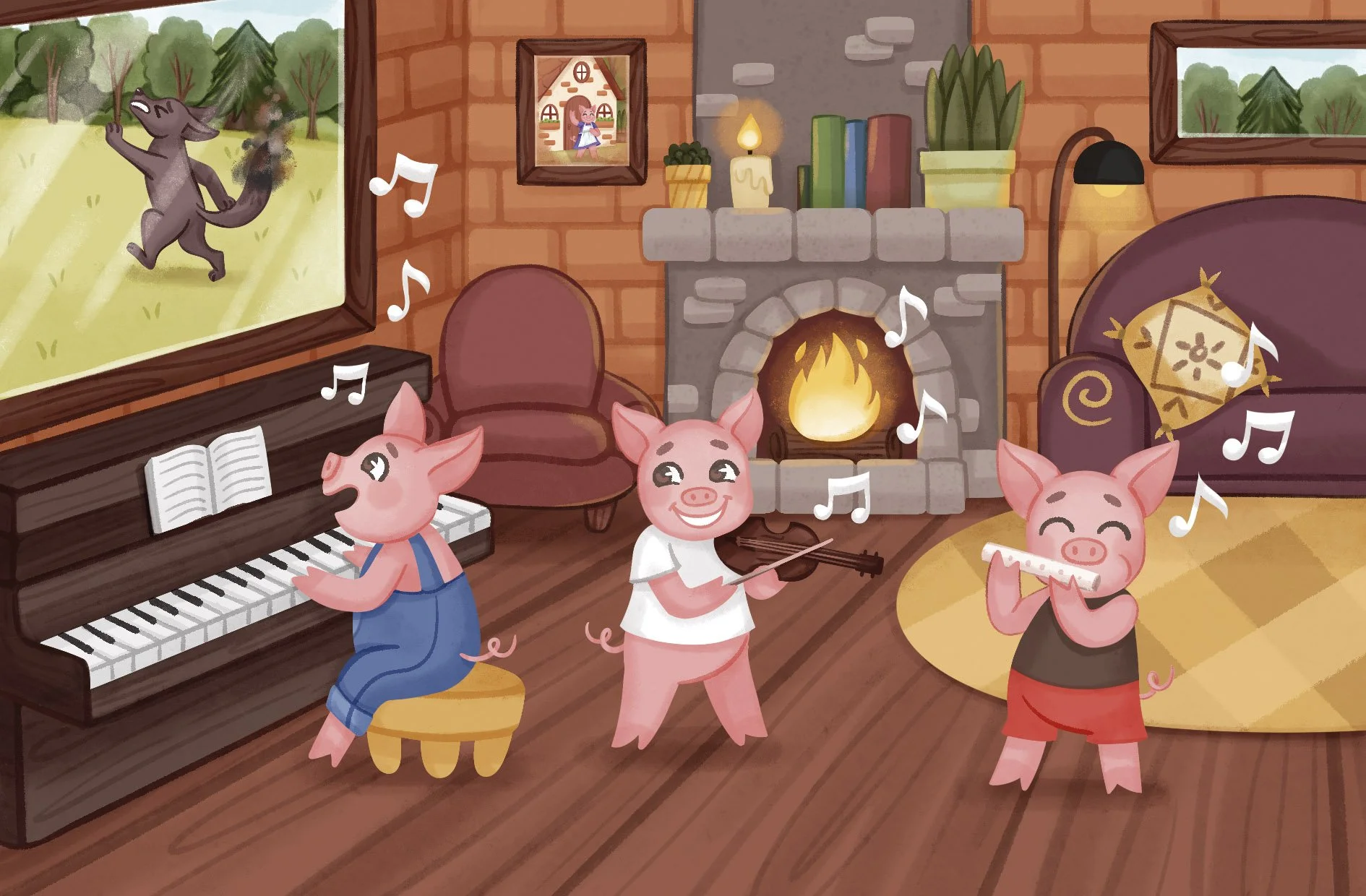 pigs playing music at home illustration