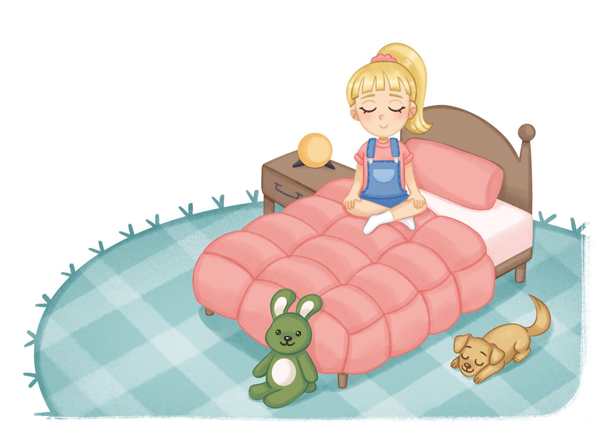 spot illustration of girl meditating in bedroom