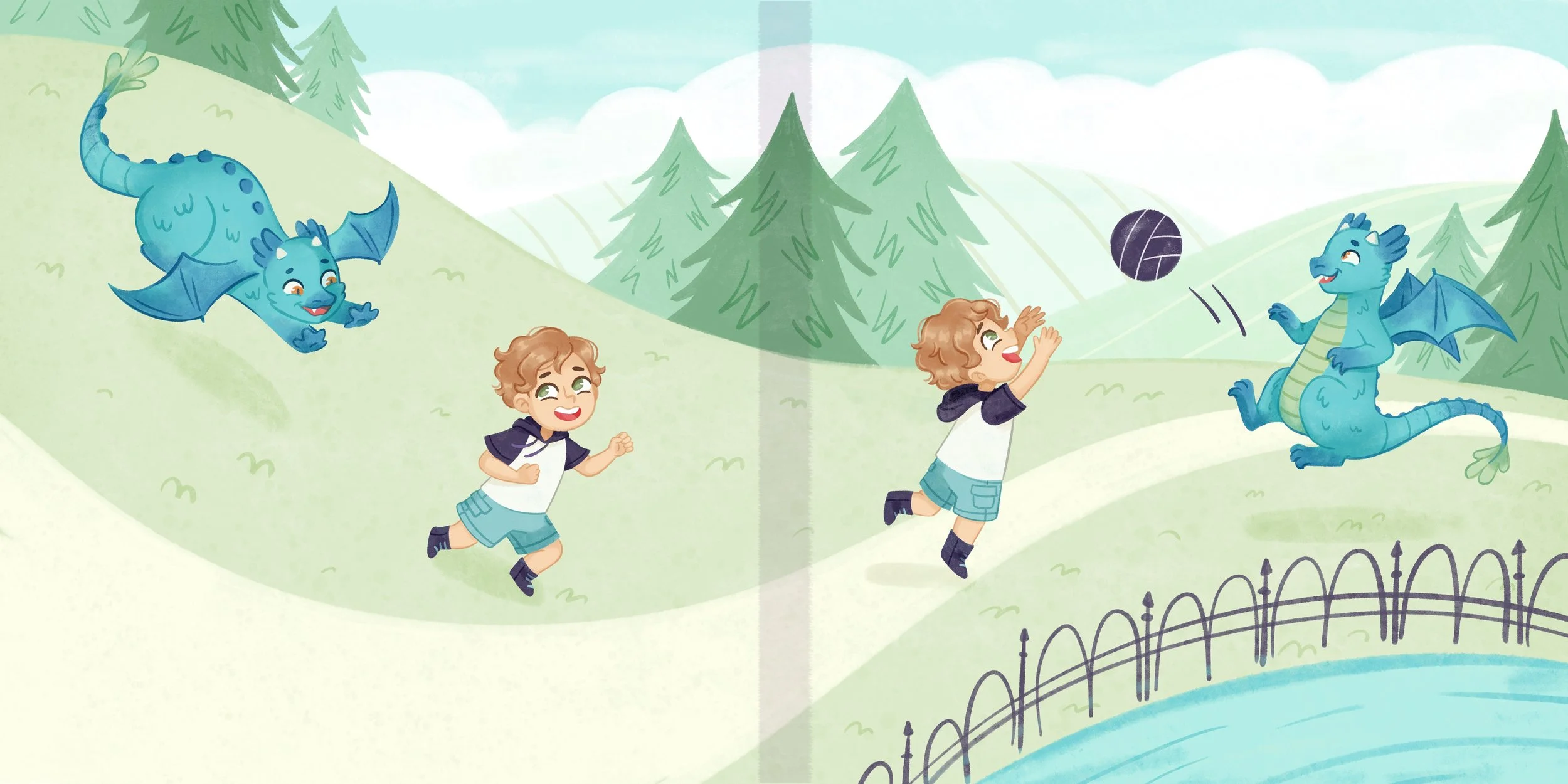 double-spread illustration of child playing with a dragon