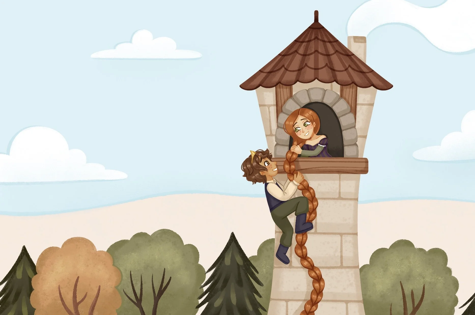 prince climbing rapunzel braid illustration