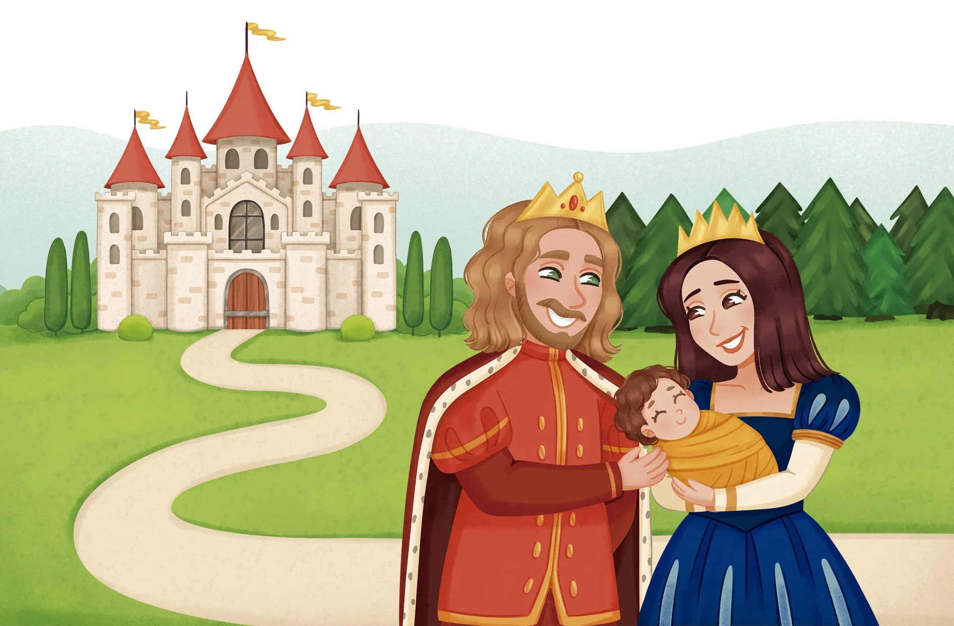 children's book illustration family in front of castle