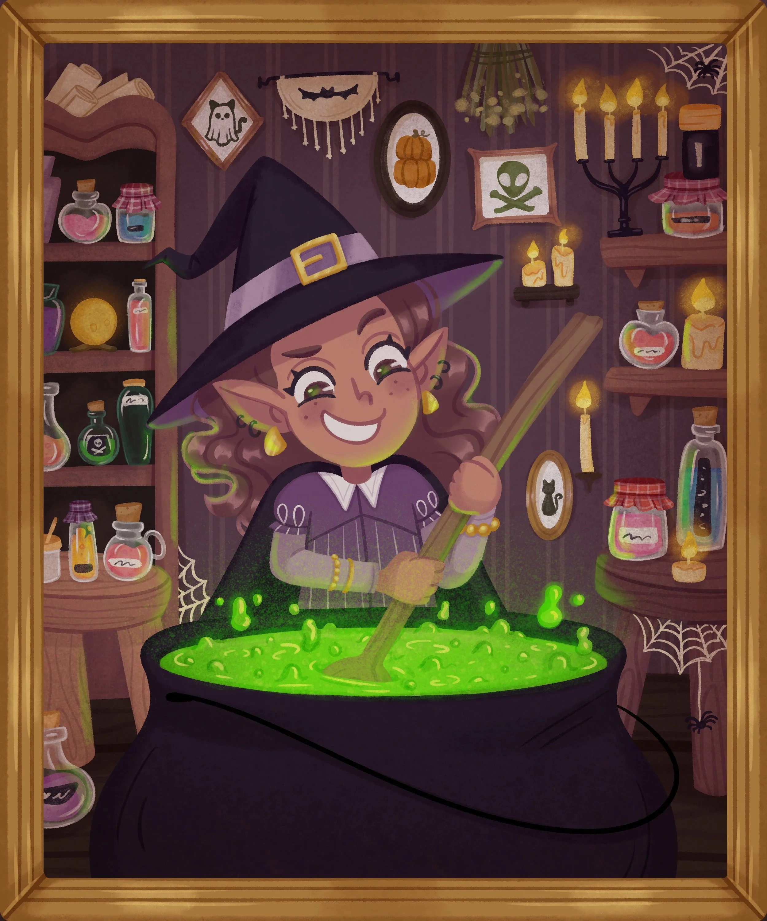 spooky illustration of a witch making potions and spells