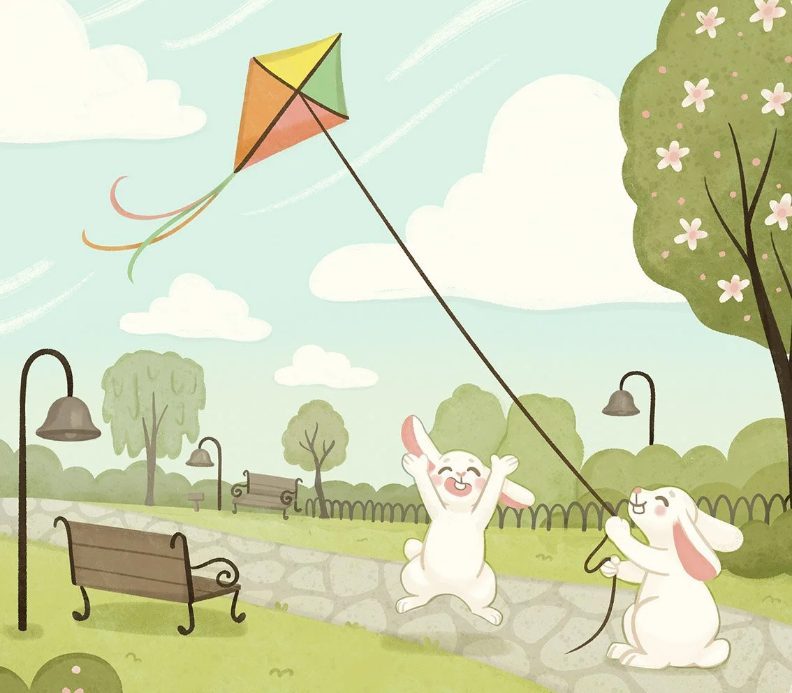 children book illustration of bunny rabbits playing with kite at park
