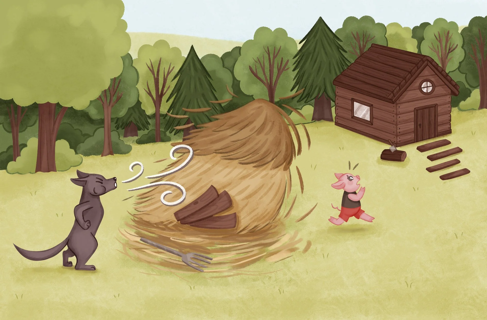 evil wolf blowing the pig's house illustration