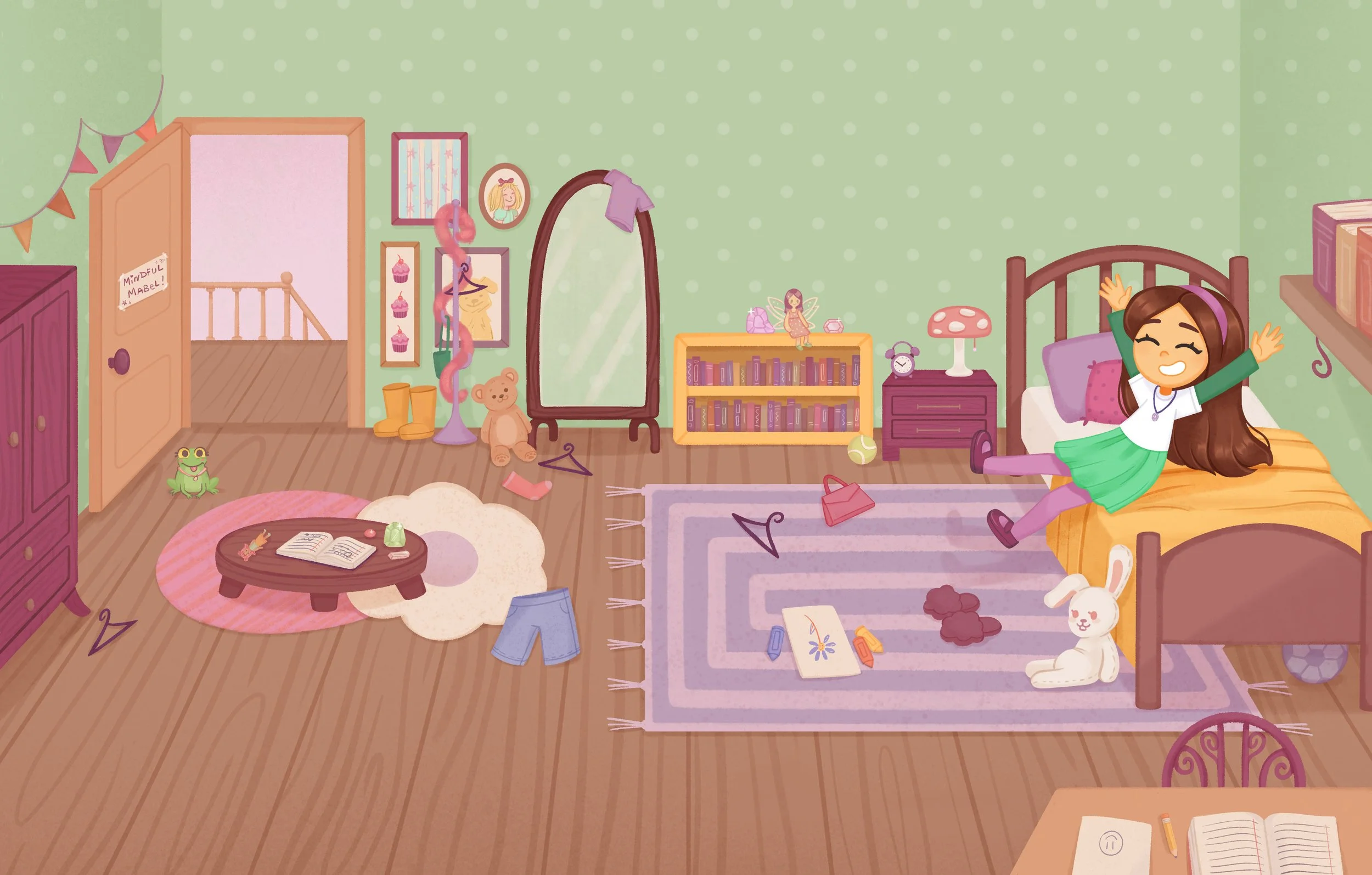 double-page spread illustration of girl in her fun, girly, messy, whimsy, bedroom