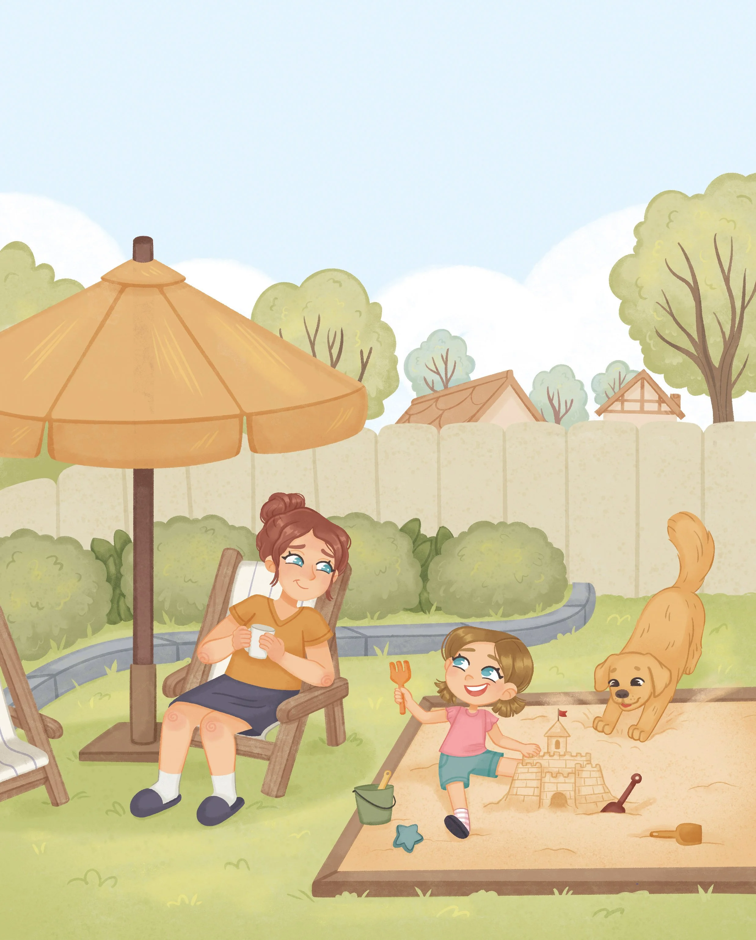 illustration of a family in the backyard garden playing sandbox