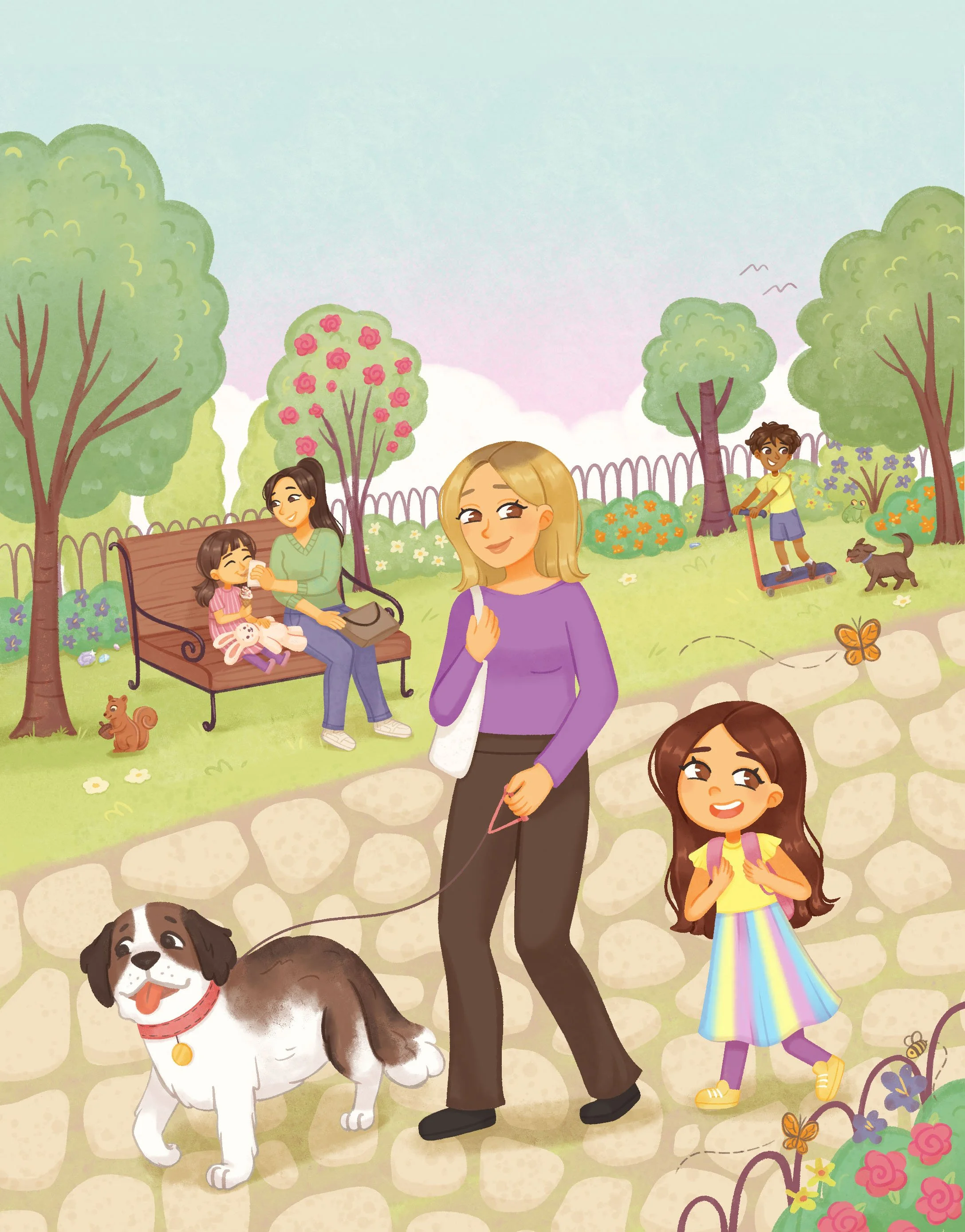 illustration of mom, daughter and dog walking through the park at sunset