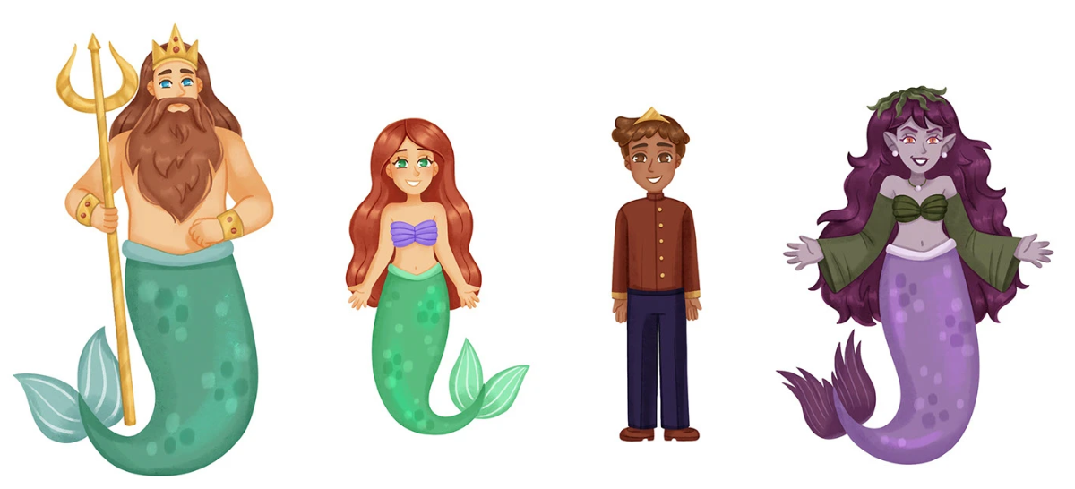 character design for mermaid retelling story for educational children's book
