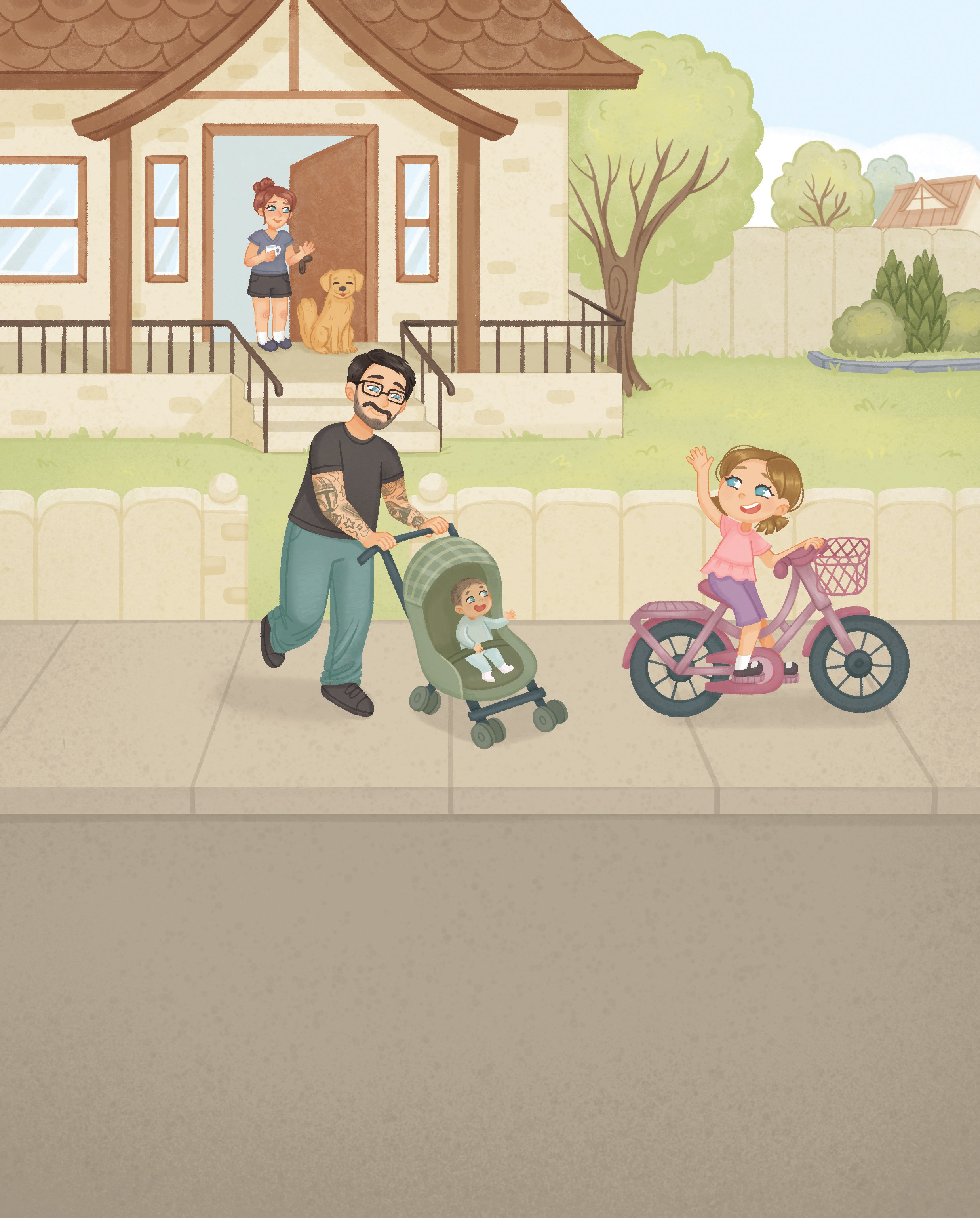 illustration of dad taking the kids to play outside