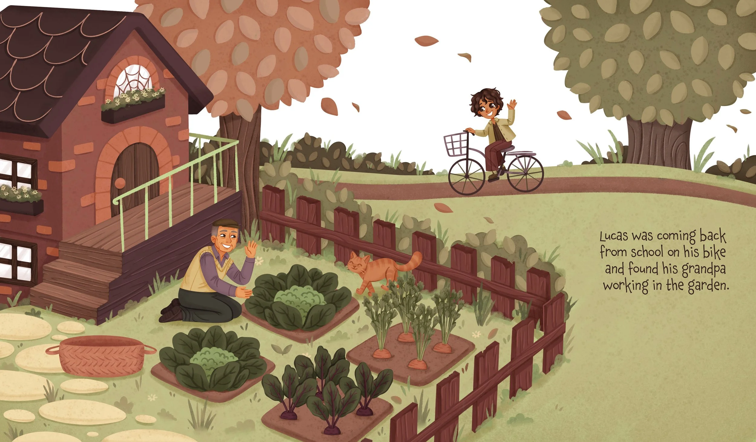 artwork of boy visiting grandpa at his garden at home