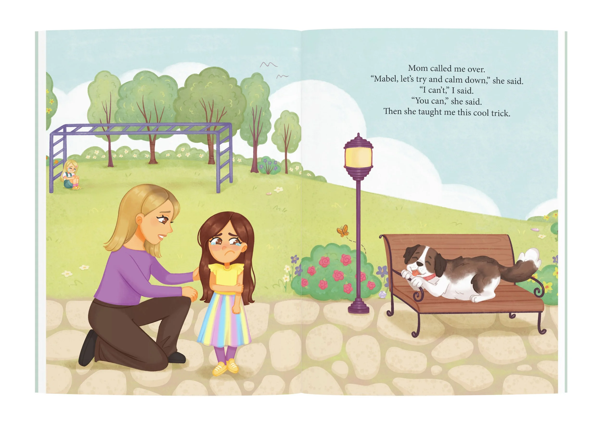 illustration of mom teaching kid to calm down book