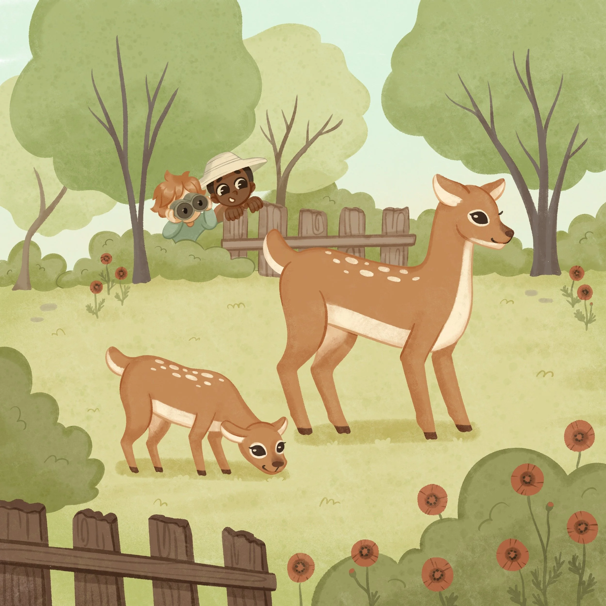 illustration of two boys observing a deer and baby fawn