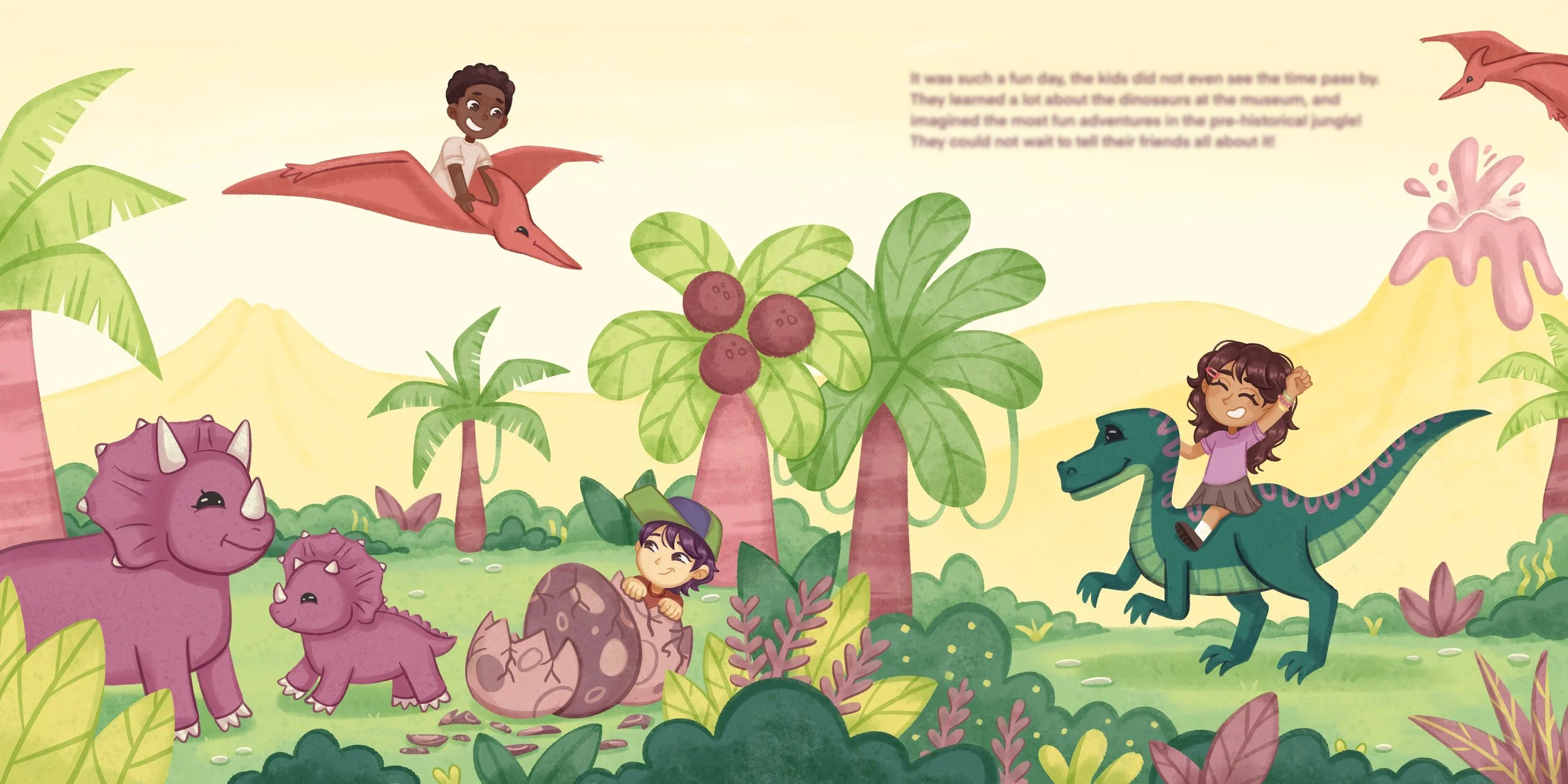 double-page spread illustration of children playing with dinosaur