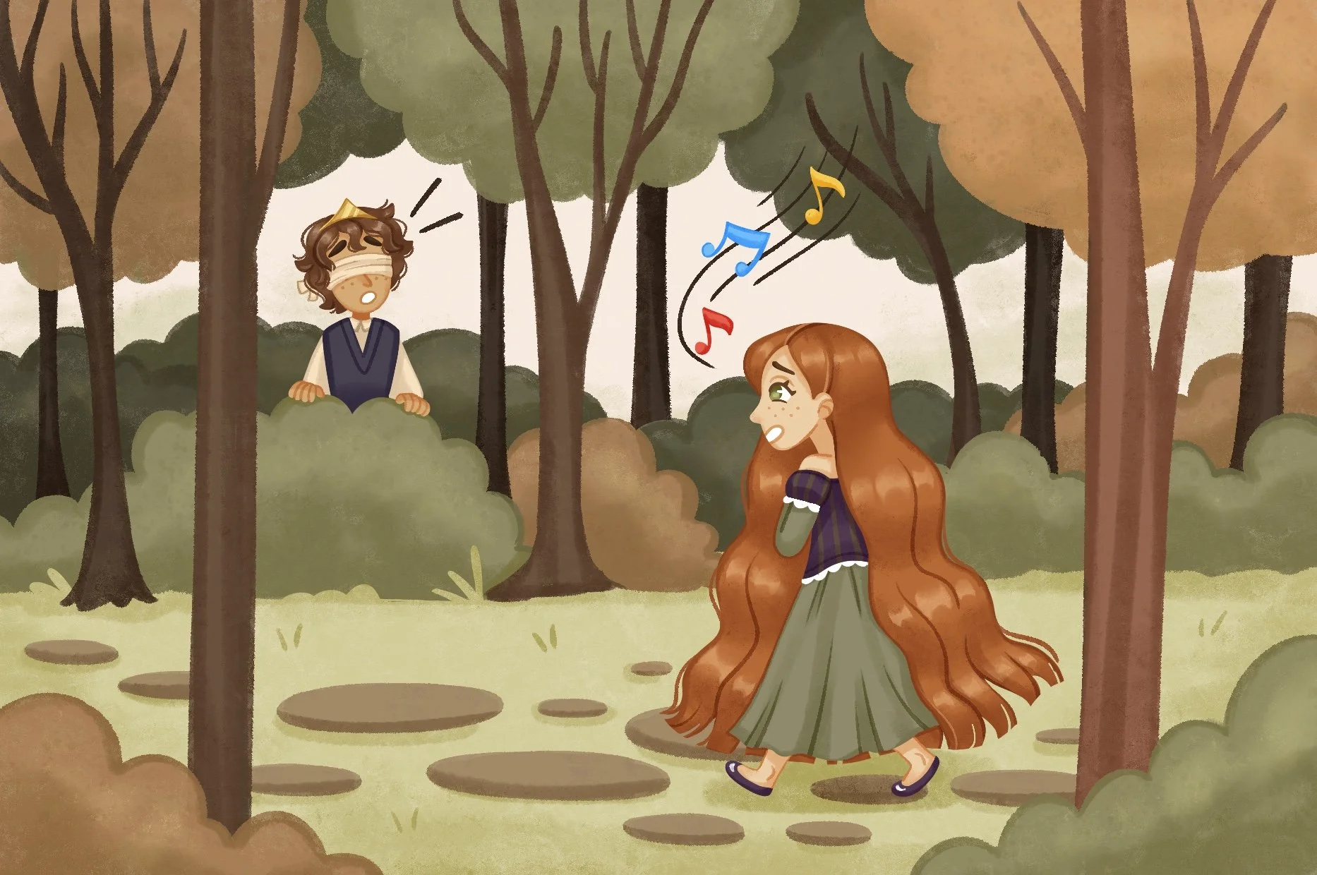 artwork girl walking in the forest children's book