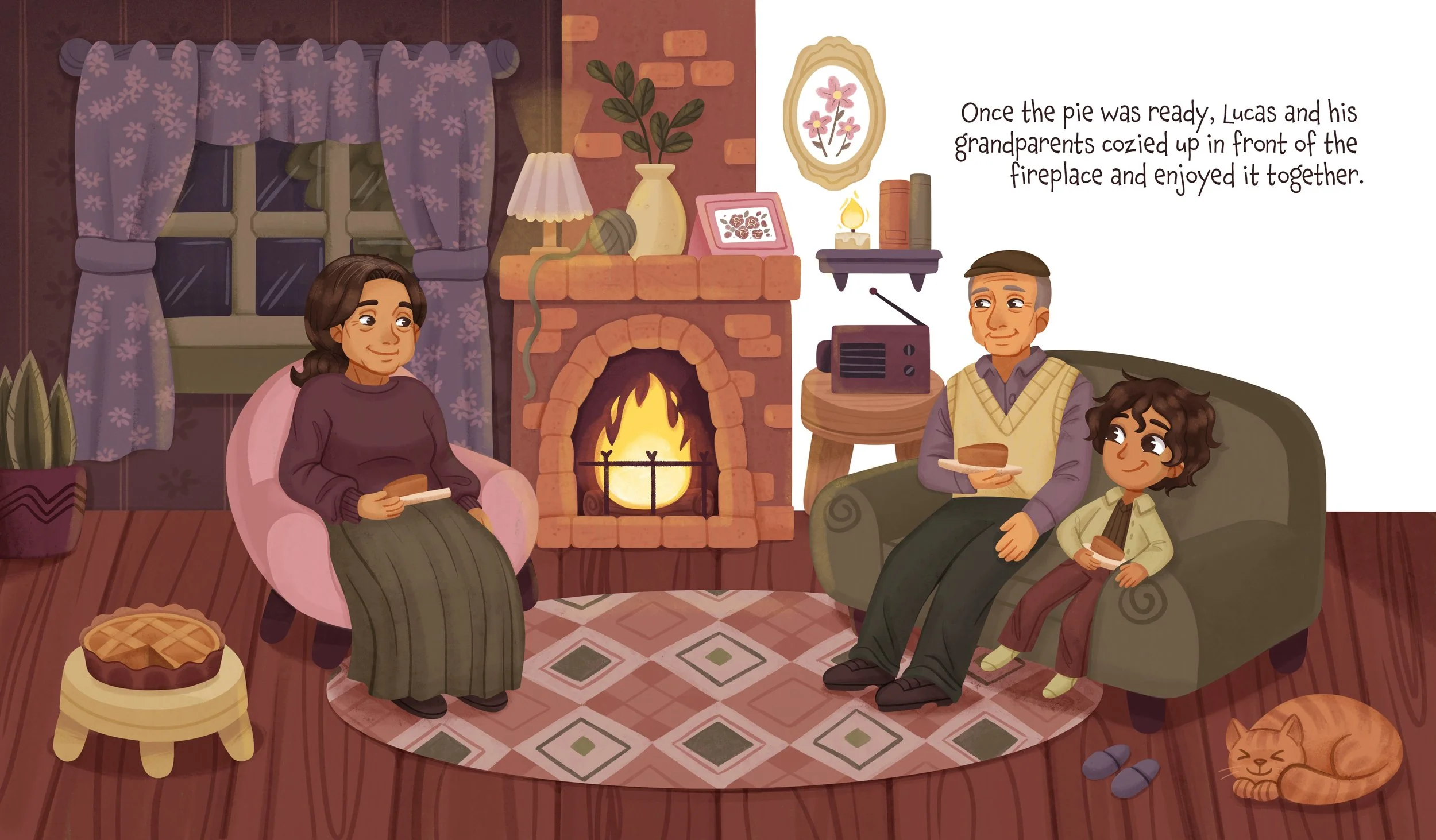 children's book illustration of boy having dinner at grandparent's home
