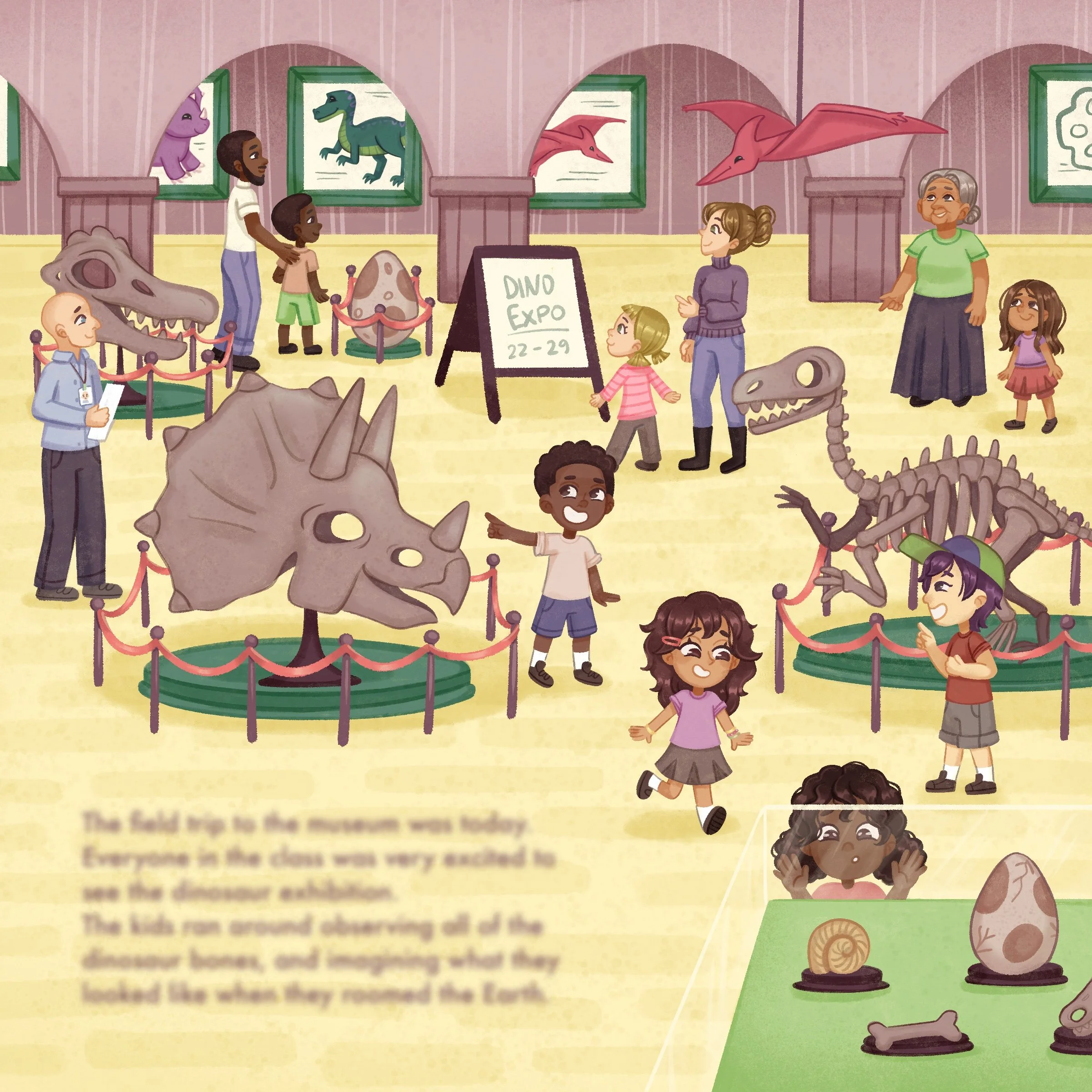full page illustration of children visiting the dinosaur exhibition at the museum