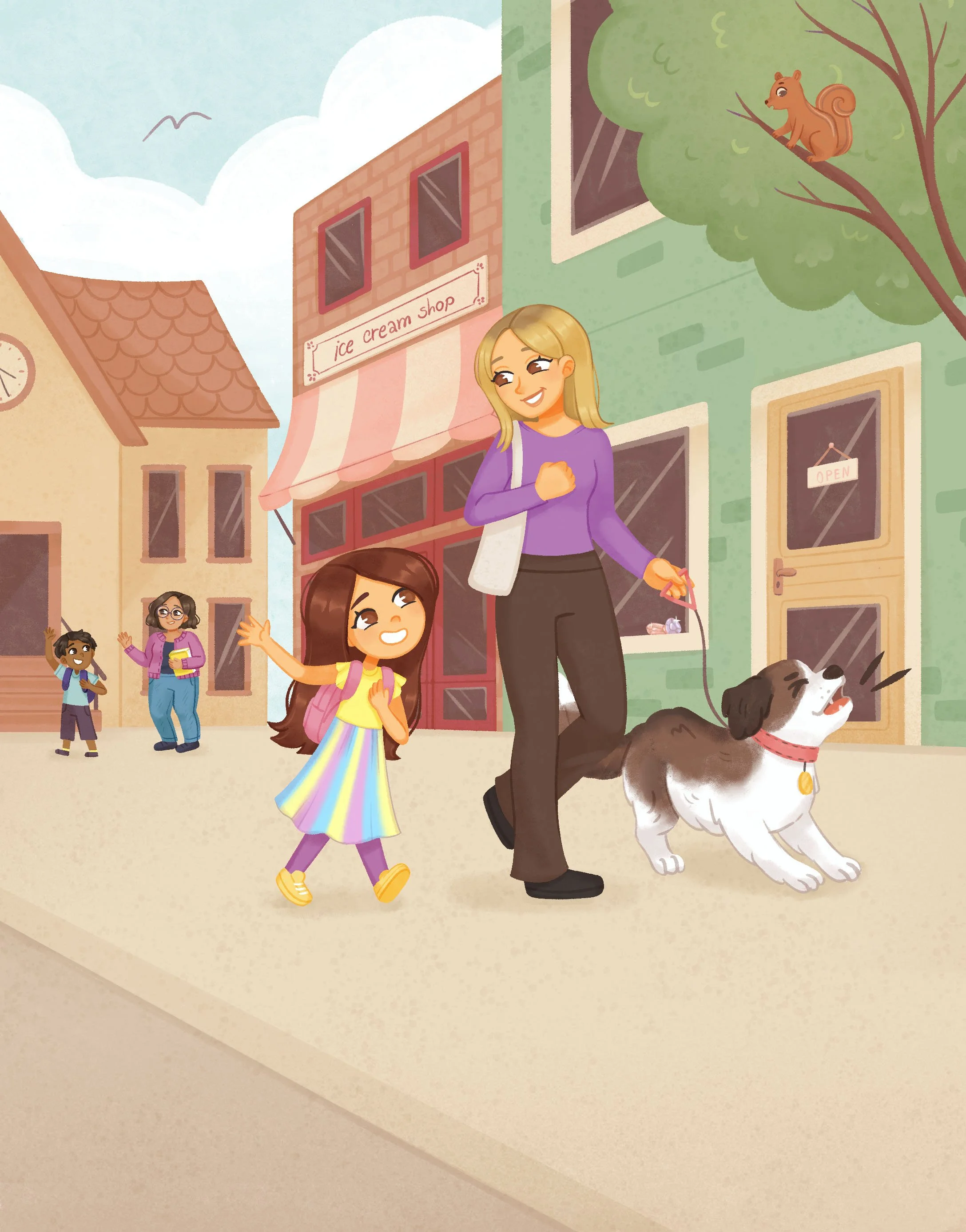 book illustration of girl and mom walking dog in street with buildings and school