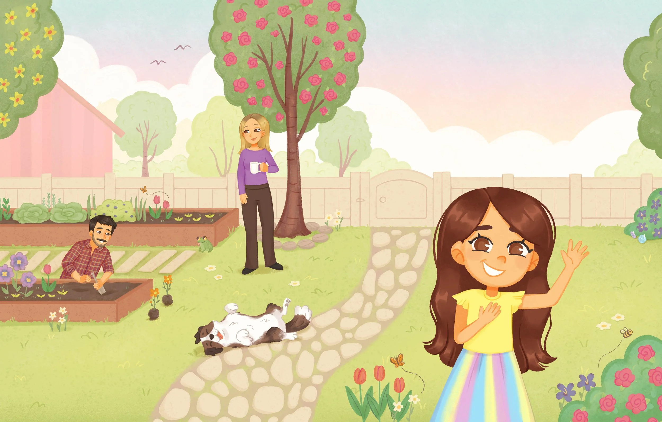 home garden backyard family children's book illustration