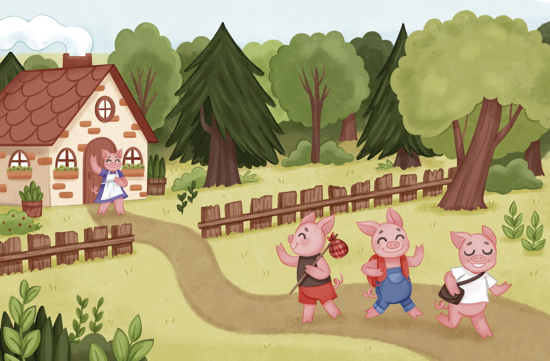 three pigs walking in the forest book illustration