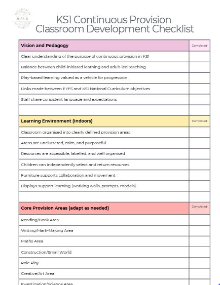 KS1 Continuous Provision Classroom Checklist