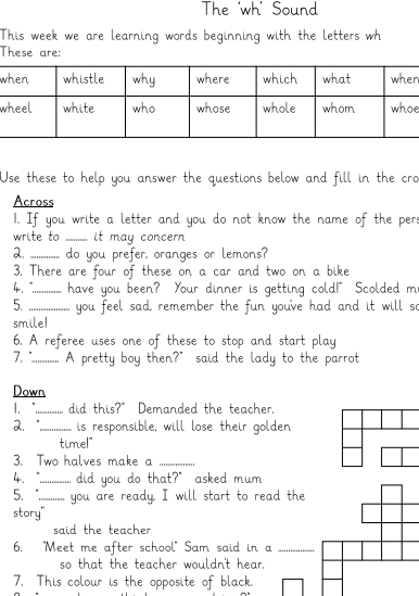 Phase 5 Phonics Crossword – “wh” Sound