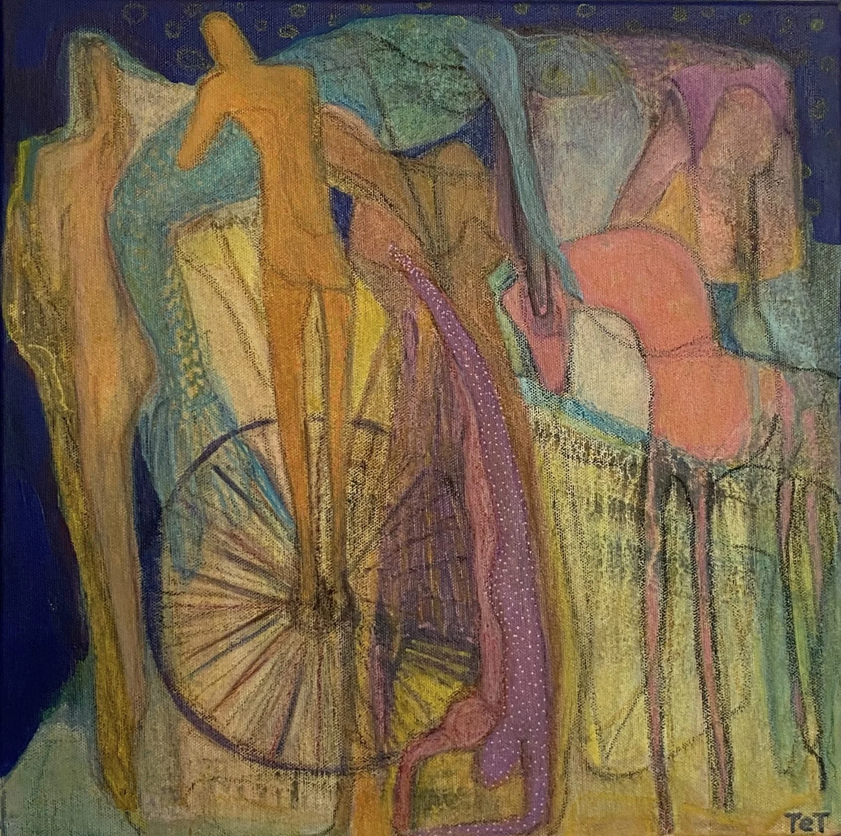 Abstract painting by TET, "The Spectacle of Peace," with a horse symbolizing war and a crowd, offering socio-political commentary on conflict and privilege, acrylic.