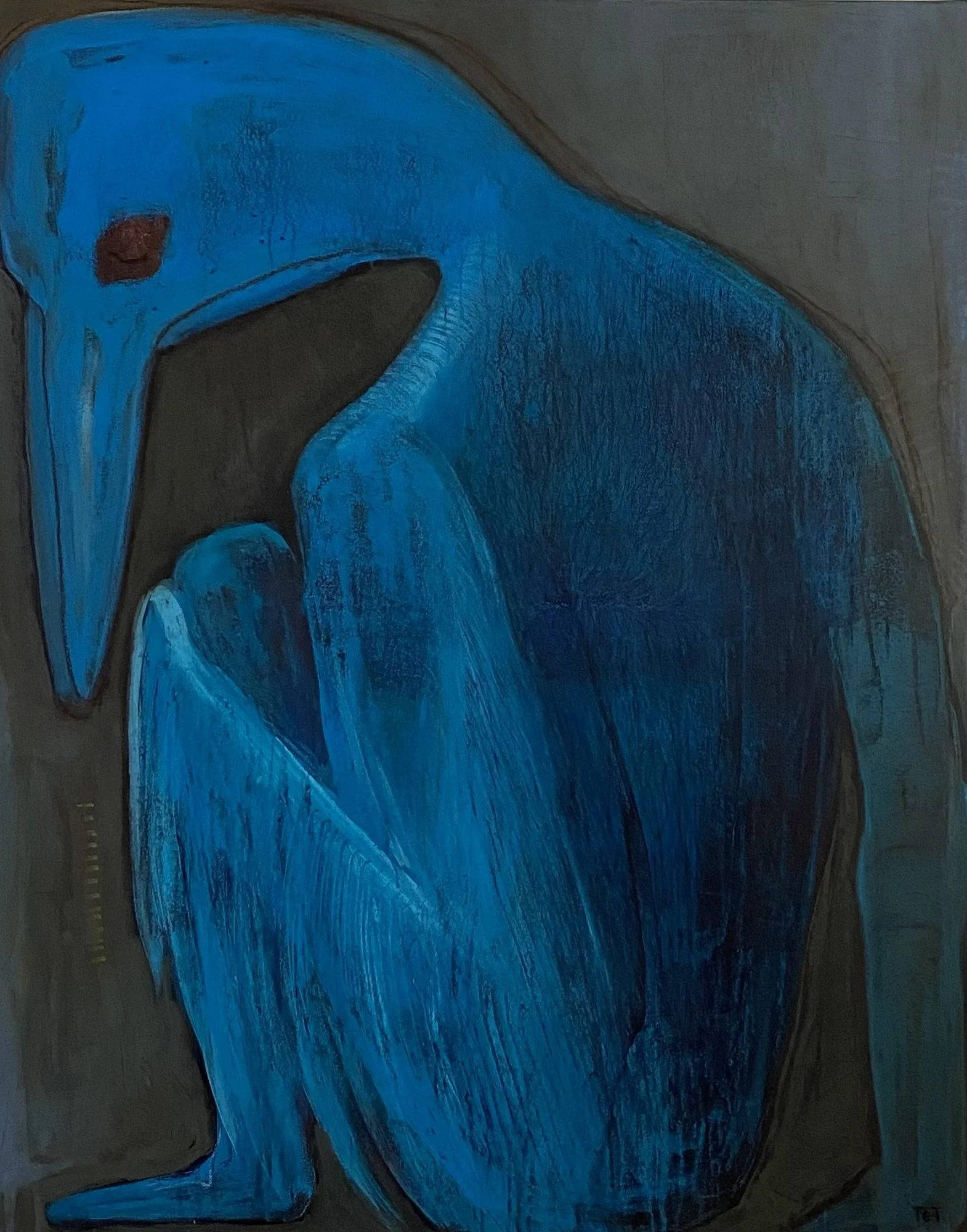 Abstract figurative piece by TET, "The Phoenix," showing a blue, bird-like hybrid symbolizing rebirth and identity transformation, acrylic on canvas.