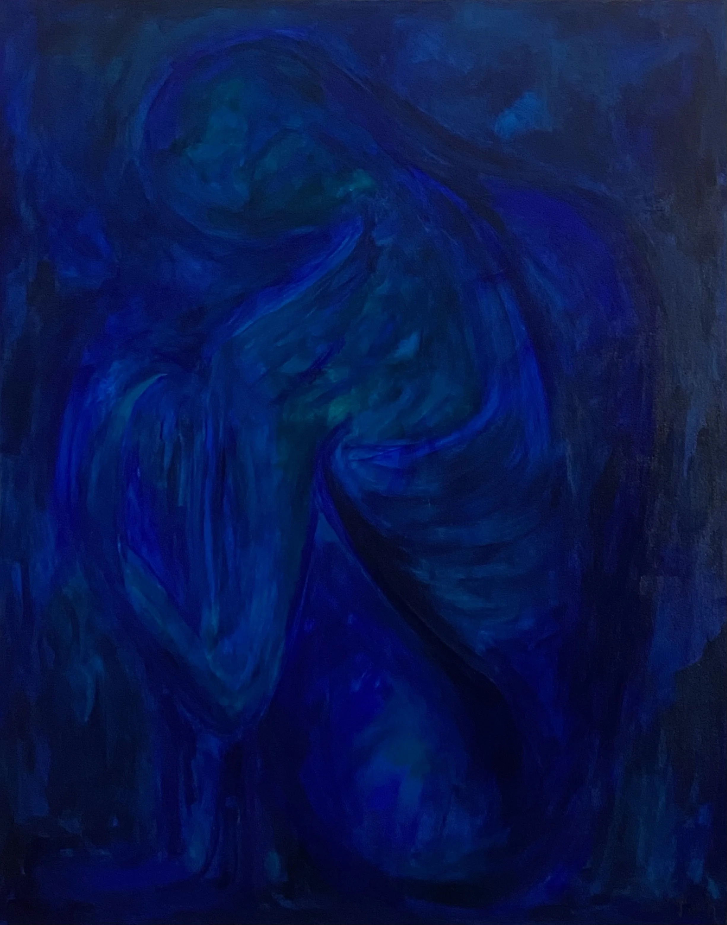 Monochromatic deep blue abstract painting by TET, "голуboy 1," "blueman 1" where a figure is camouflaged, symbolizing hidden identity and persecution, acrylic.