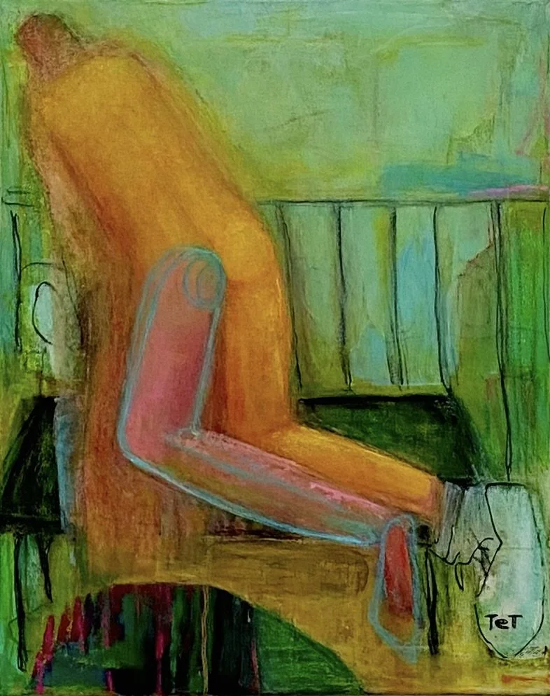 Figurative painting by TET, "Lisbon Balcony," depicting a man with an immobile leg observing street life, symbolizing curiosity and resilience despite physical constraint, acrylic.