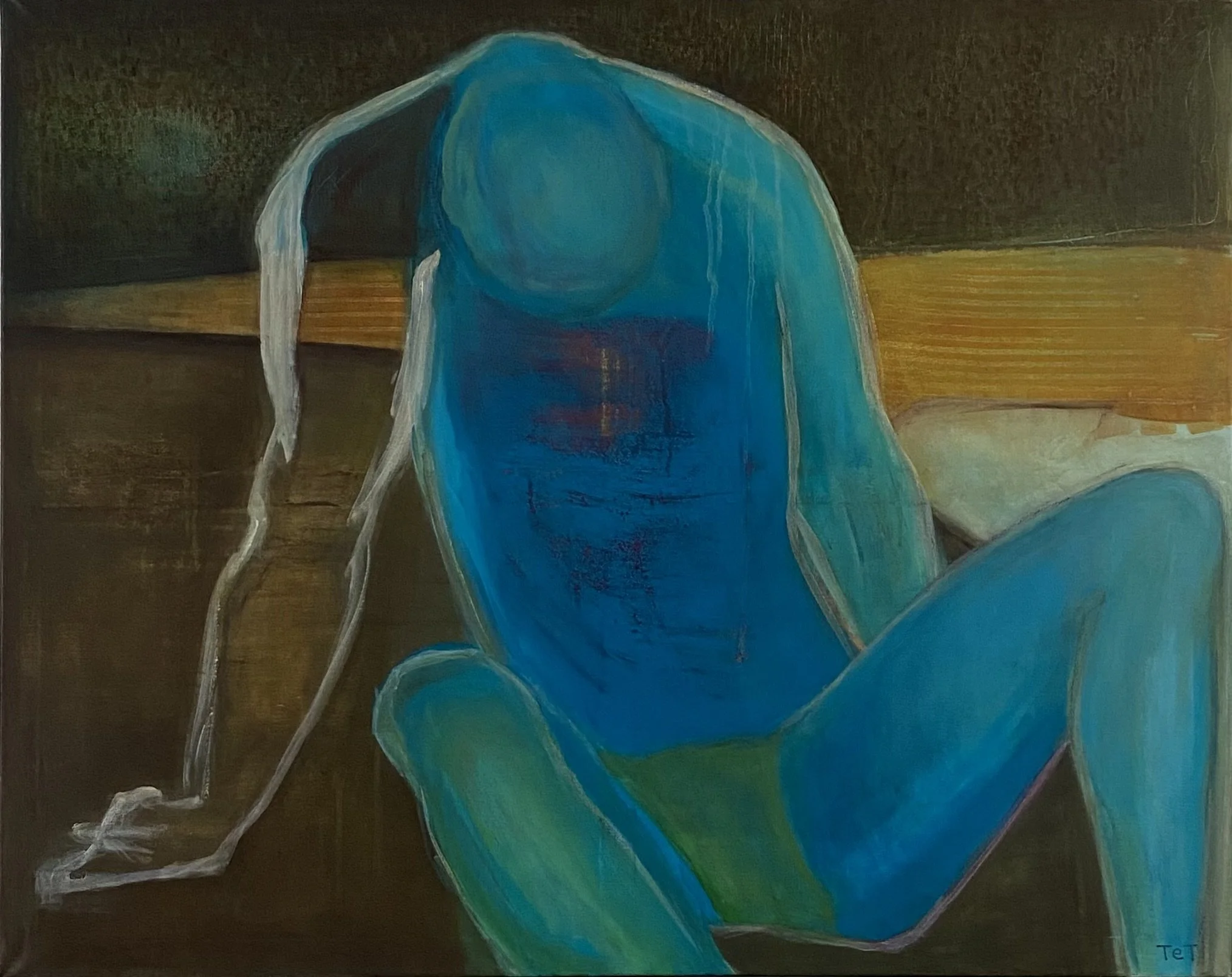 Abstract figurative painting by TET, "The Weight of Being," showing a blue figure symbolizing burnout and inner resilience, acrylic on canvas.
