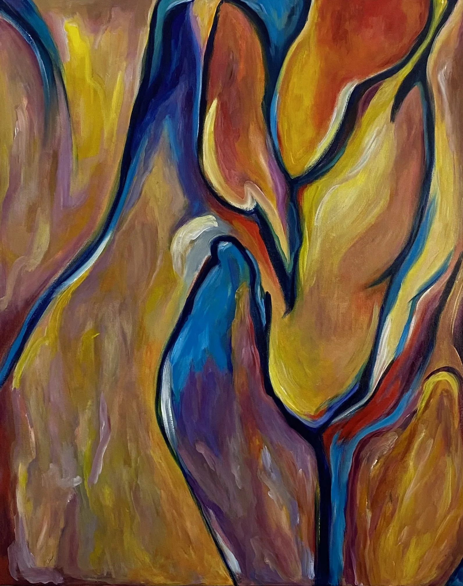 Dynamic abstract painting by TET, "Feminine Current," featuring swirling forms of yellow and blue to express feminine energy and life's vibrations, acrylic.