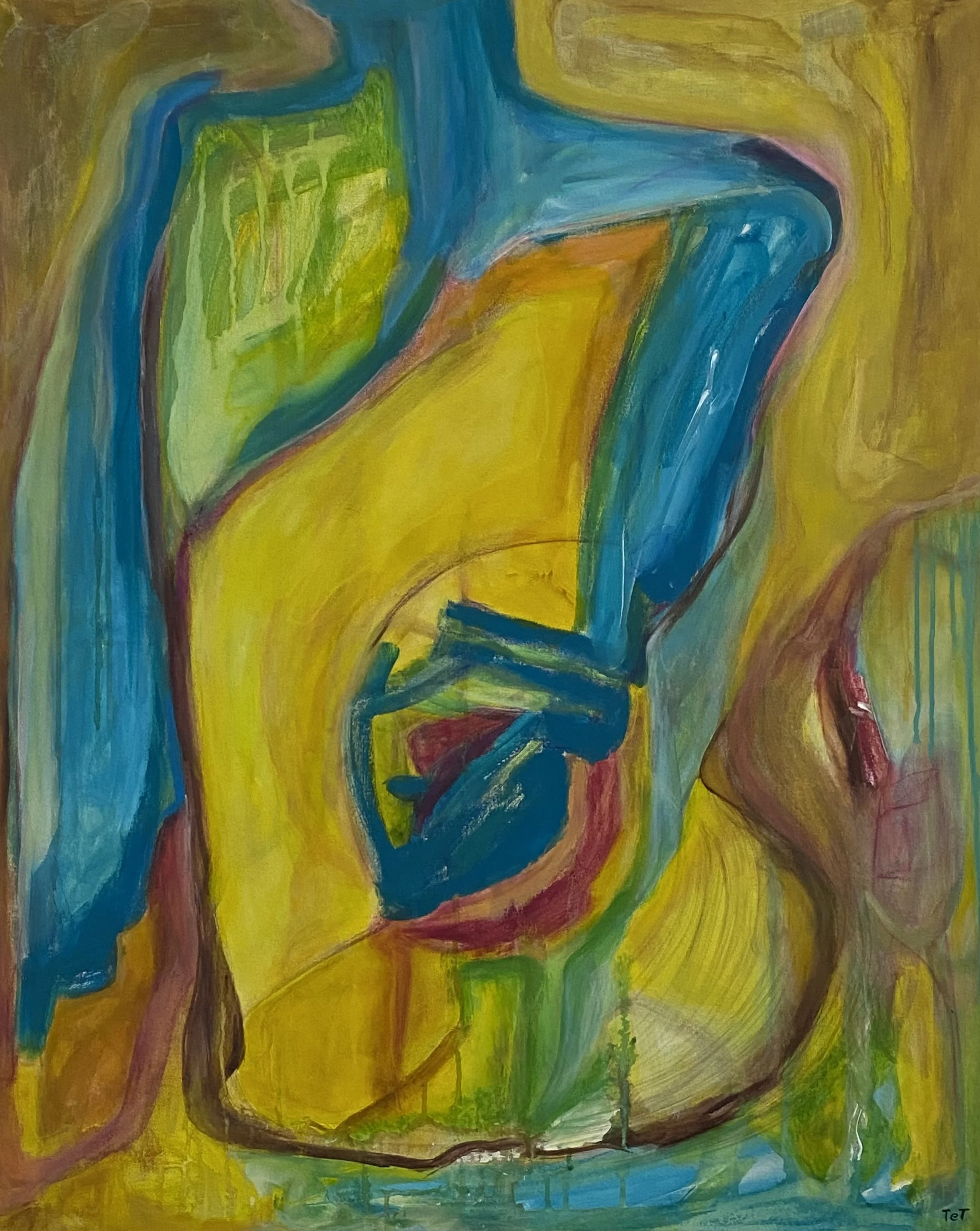 Abstract figurative painting by TET, "Abusée," depicting a reclining female figure symbolizing trauma, resilience, and a global taboo, acrylic on canvas.