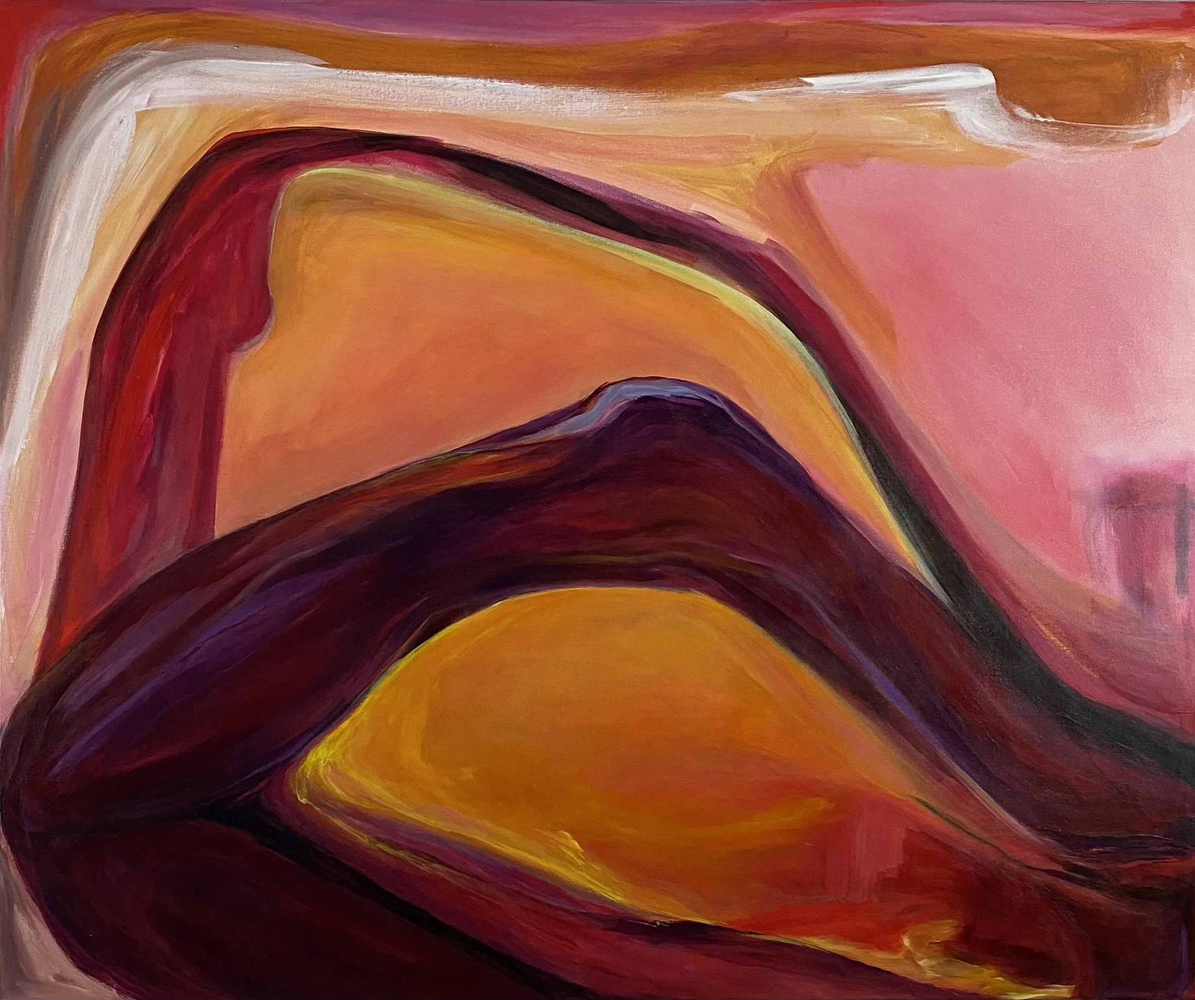 Fiery abstract figurative painting by TET, "Erotic Landscape," fusing the female form with the natural landscape in red and orange tones, acrylic.