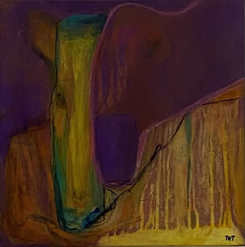 Square painting by TET, "Kindred Spirits," featuring two abstract animal heads on a turquoise background, symbolizing animal intellect and harmony, acrylic.