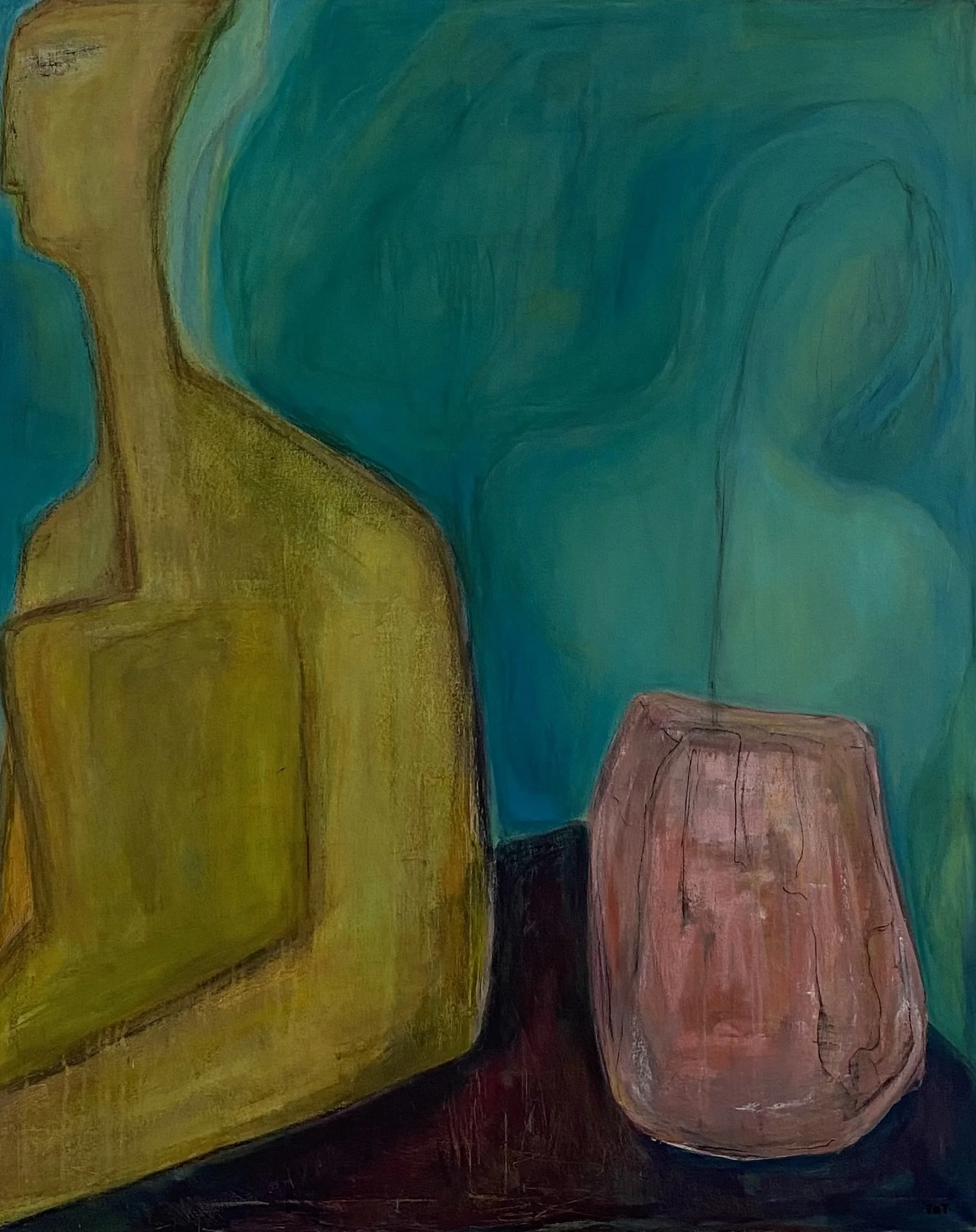 Abstract figurative art by TET, "Faded Blossom," depicting a woman and a ghostly figure, symbolizing faded relationships and lost communication, acrylic.