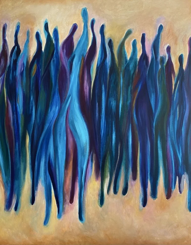 Abstract group of tall blue figures by TET, "Converging Echoes," representing community, shared struggle, and upward movement, acrylic on canvas.