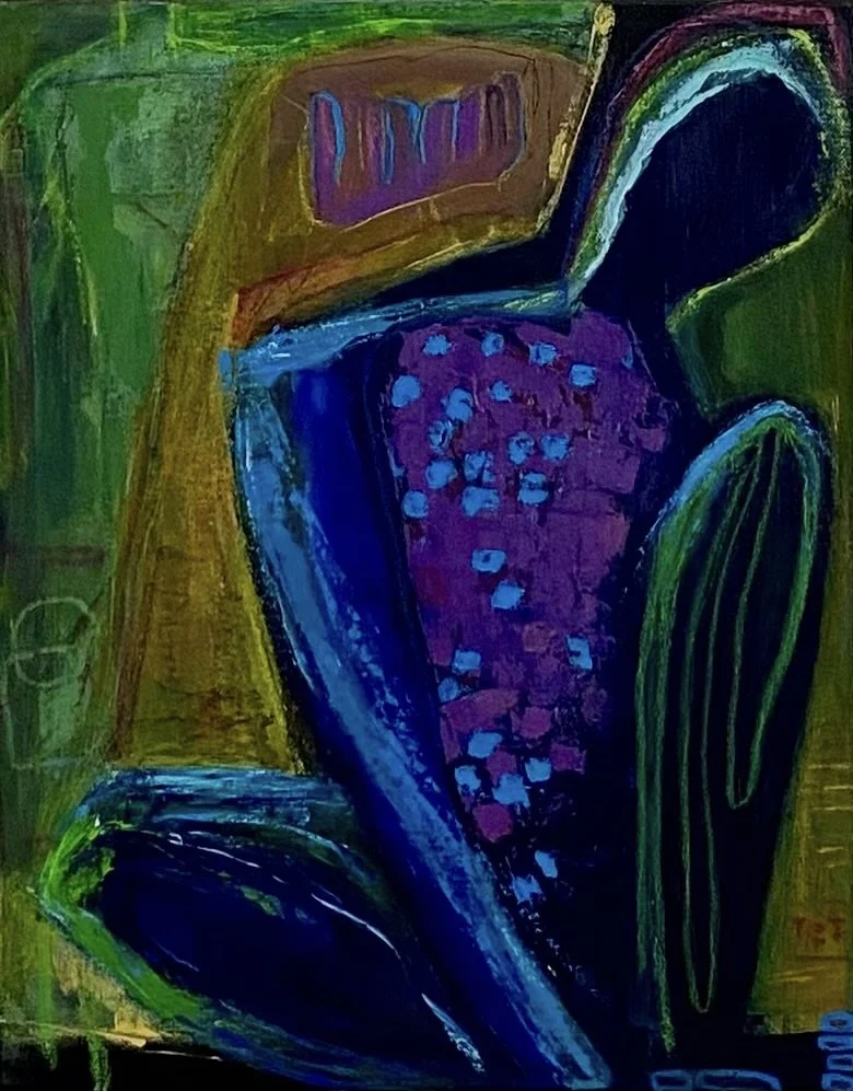Dark blue, hunched figurative painting by TET, "Vessel of Stillness," with small red dots in the chest representing transformation of pain, acrylic.