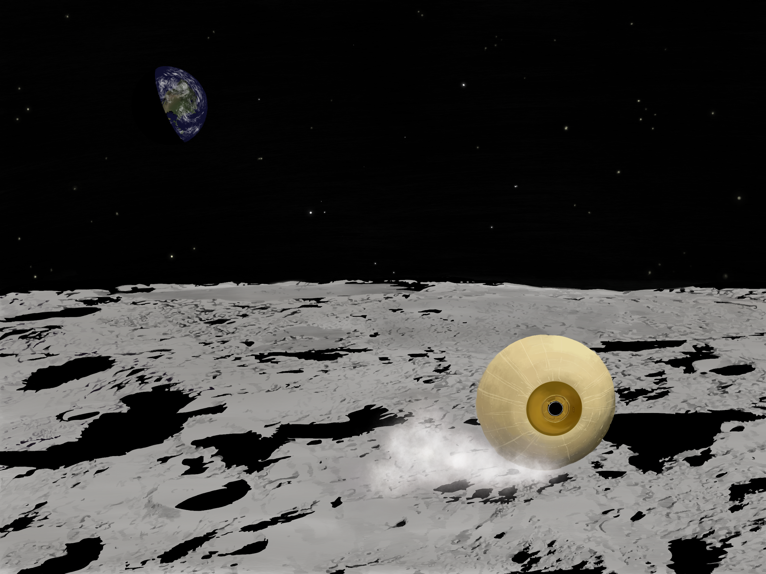 A digital illustration of a spherical robot traversing the Moon's surface.