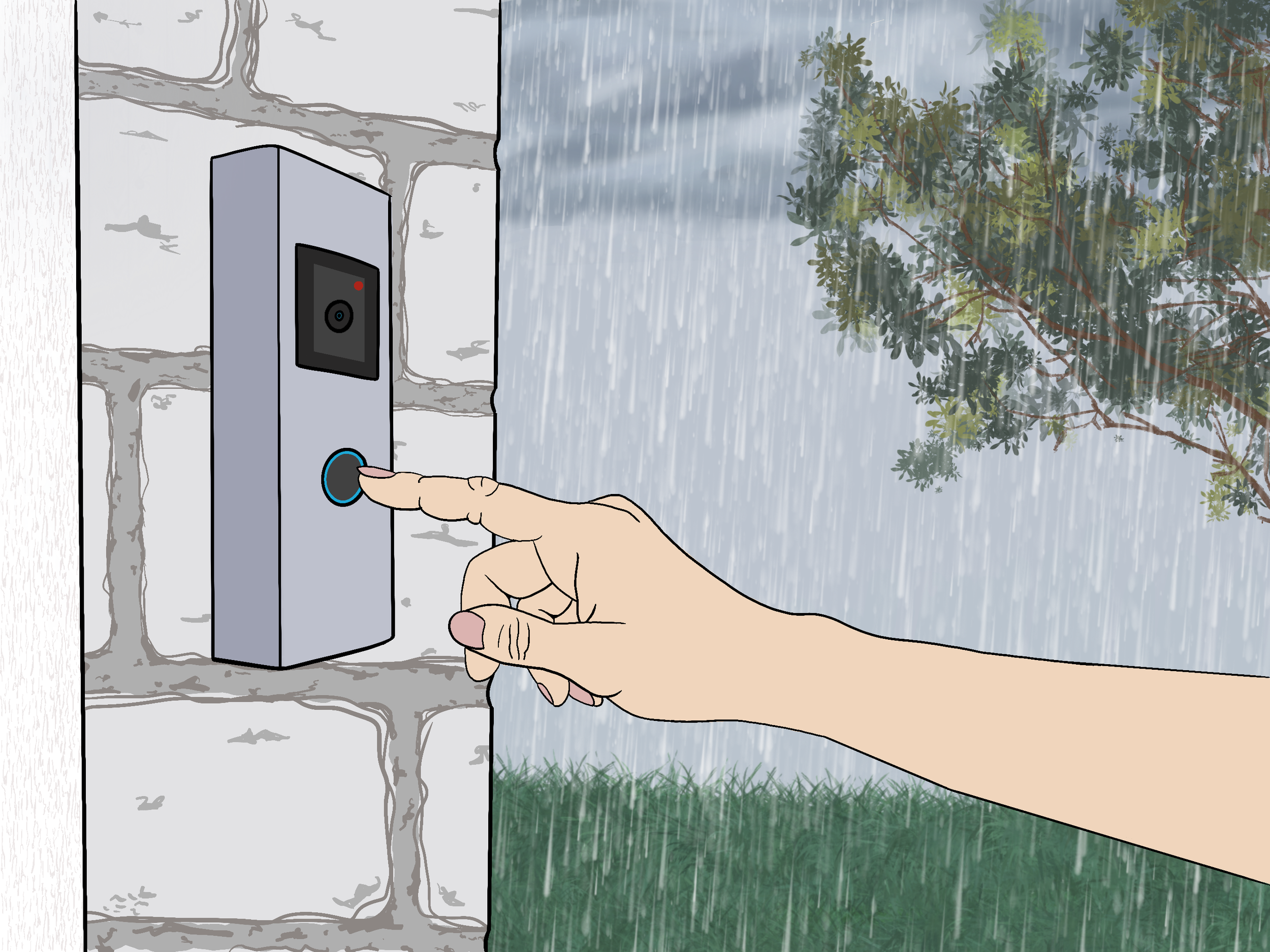 A digital illustration of a hand ringing a smart doorbell during a rainstorm.