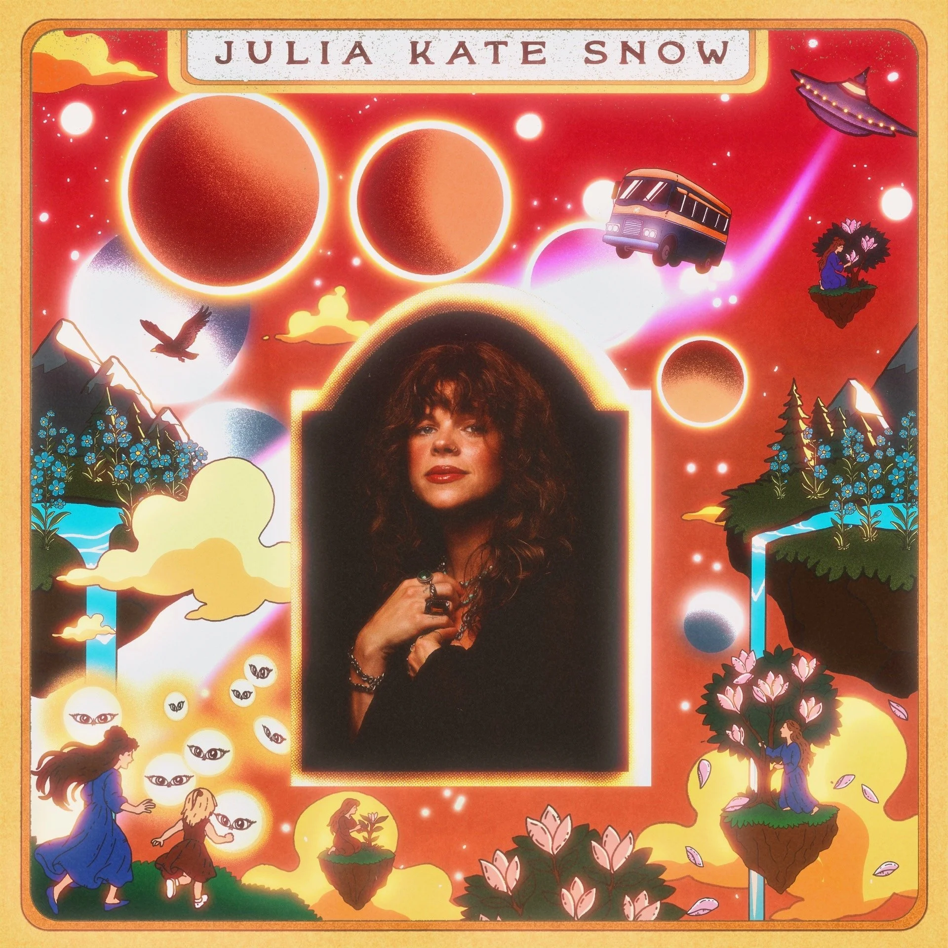 Album cover for Julia Kate Snow's "Snow" featuring a central portrait of a woman with curly hair, surrounded by a colorful, surreal landscape with mountains, waterfalls, flying birds, floating islands, and celestial bodies.