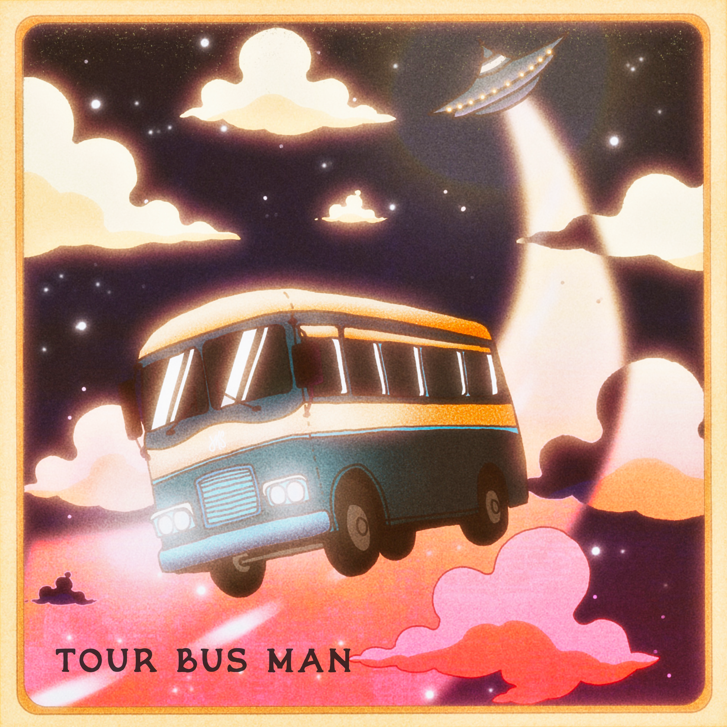 An illustrated scene of a vintage-style tour bus flying through a colorful, surreal sky filled with clouds, stars, a UFO, and a glowing moon.