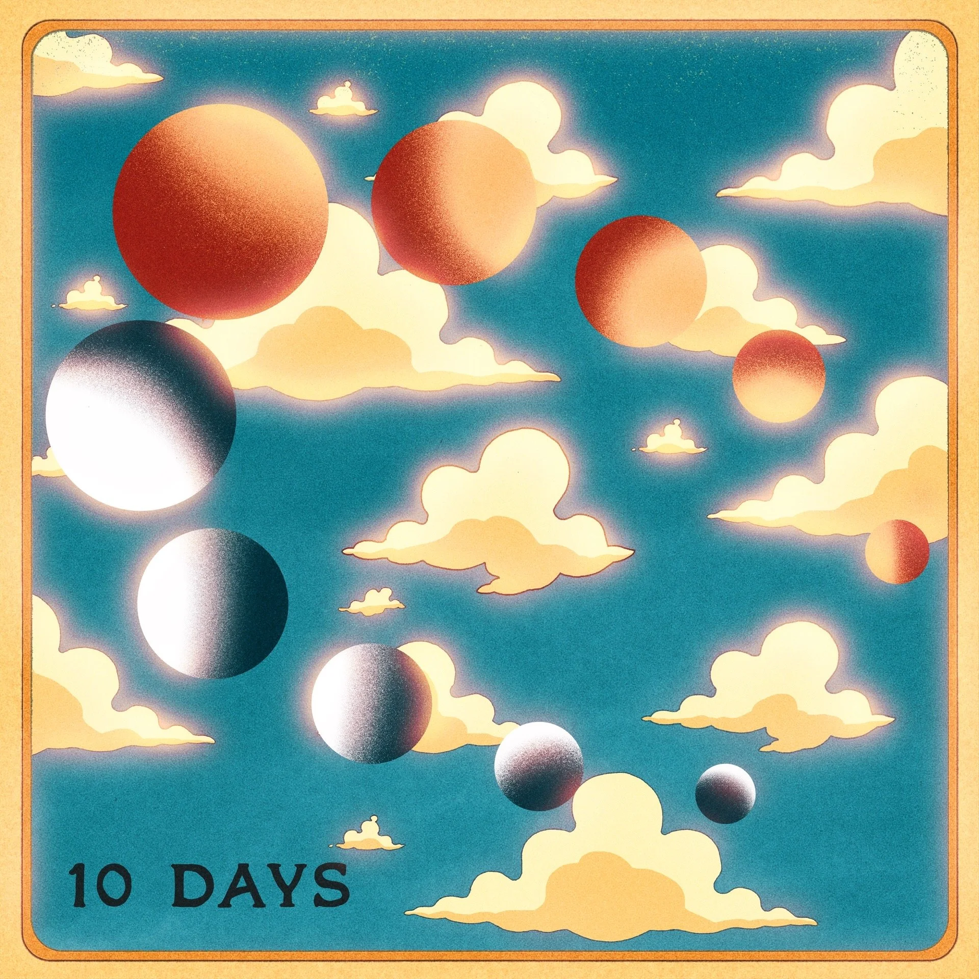 Illustration of the lunar phases over clouds with the text '10 DAYS' in the bottom left corner.