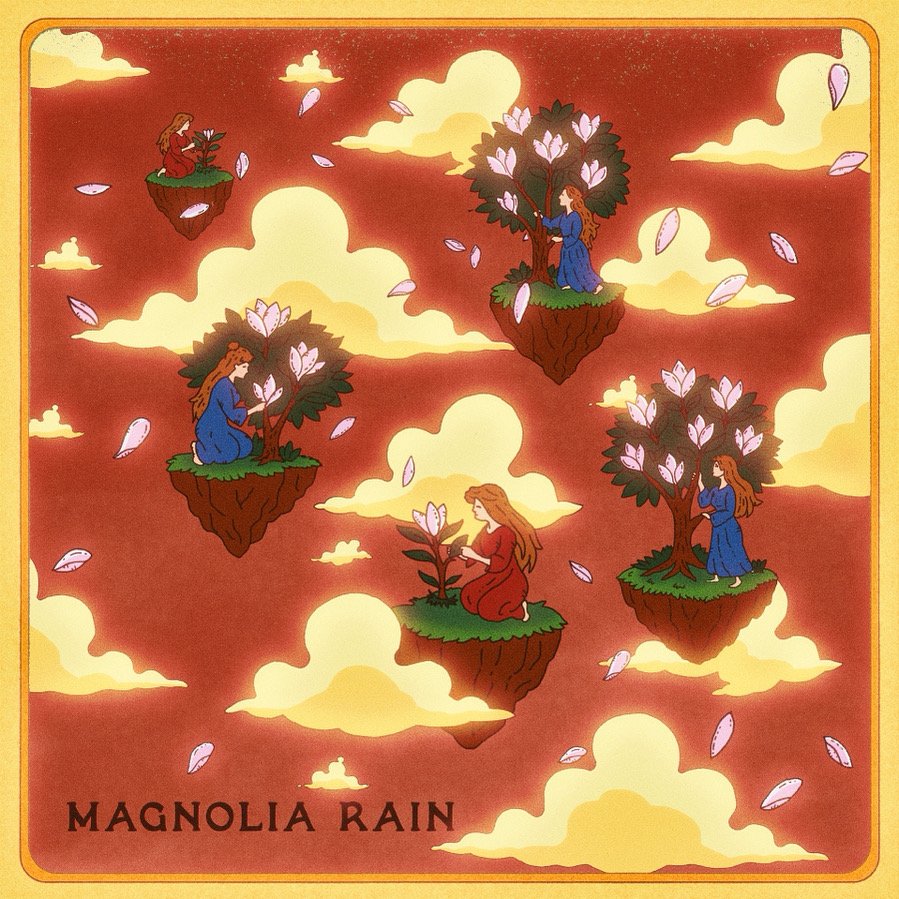Illustration from Magnolia Rain album cover showing floating islands with trees and women in flowing dresses among clouds and falling flower petals.