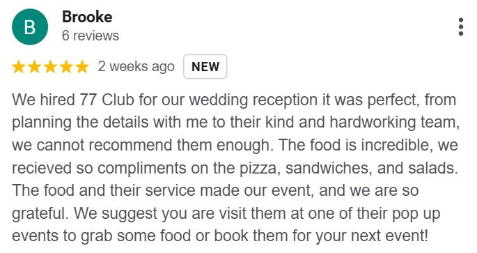 Screenshot of a 5-star review by Brooke, who recommends 77 Club for wedding receptions, praising their food, service, and team.