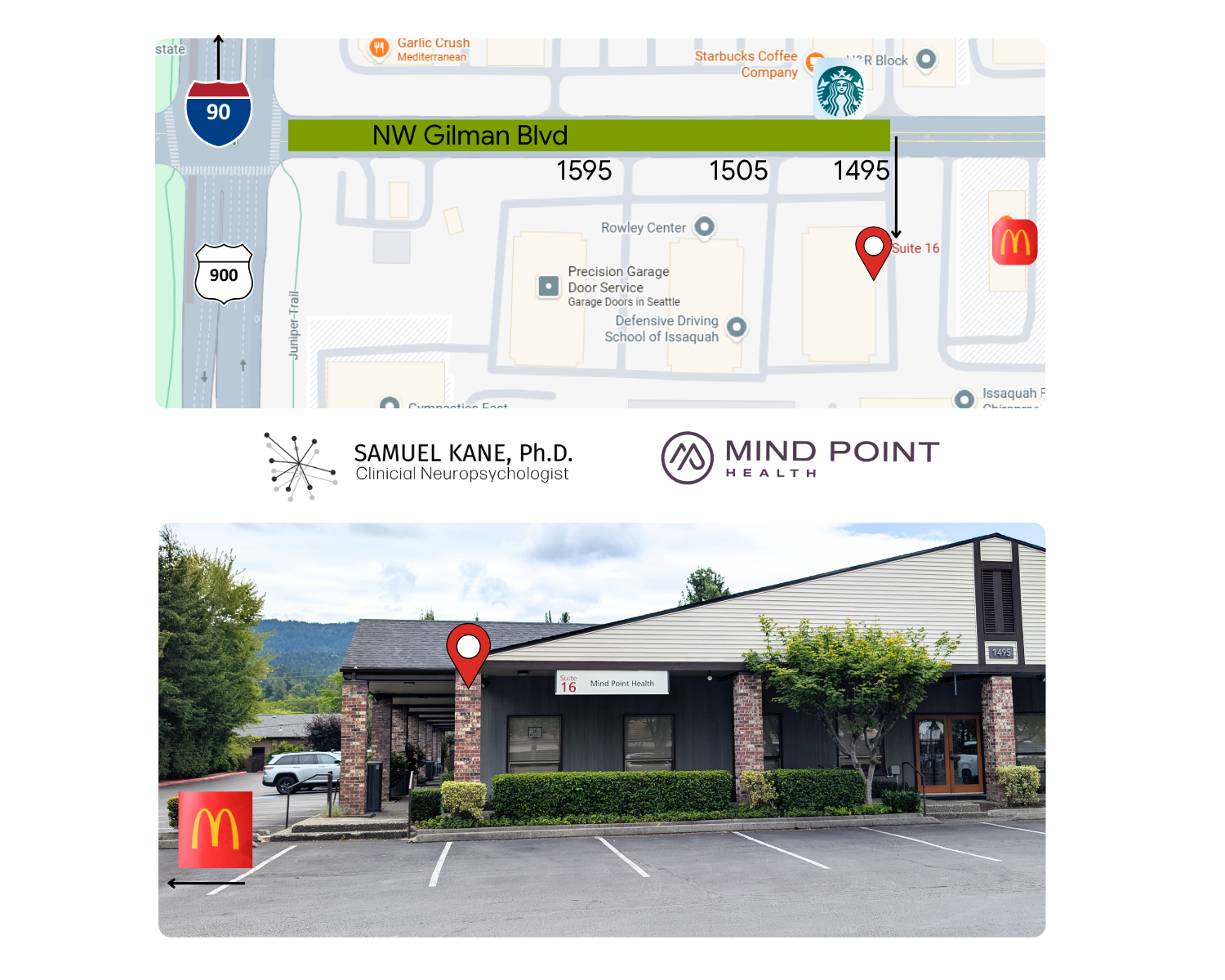 google map of Mind Point Health and Dr. Samuel Kane. With Starbucks and McDonalds noted on the map