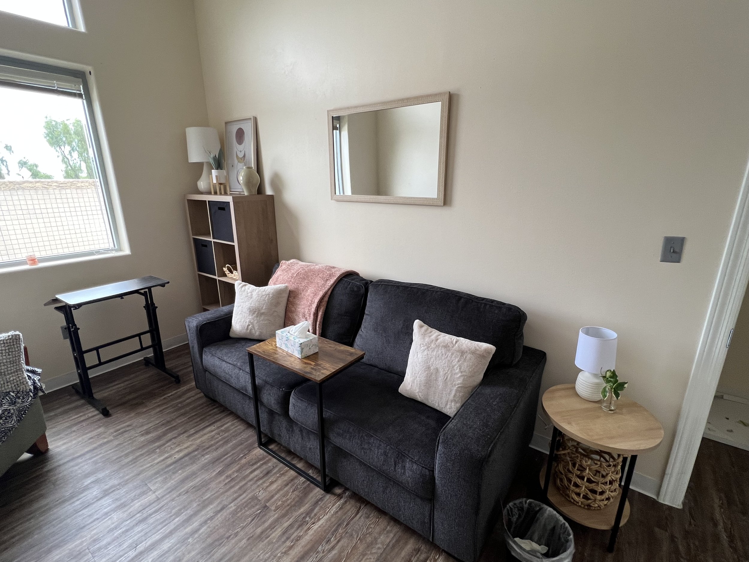 Calm and comfortable therapy office at BrainBody Wellness Counseling, designed to support mental health wellness and create a safe, welcoming space for counseling sessions in Arizona.